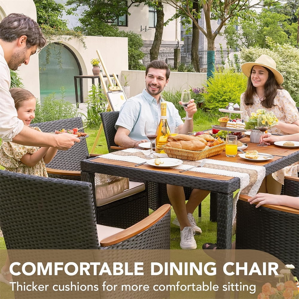7 Pieces Outdoor Patio Dining Set, Patio Wicker Furniture Dining Set with 6 Chairs and Acacia Wood Top for Yard, Garden, Porch and Poolside, Black - Image 4