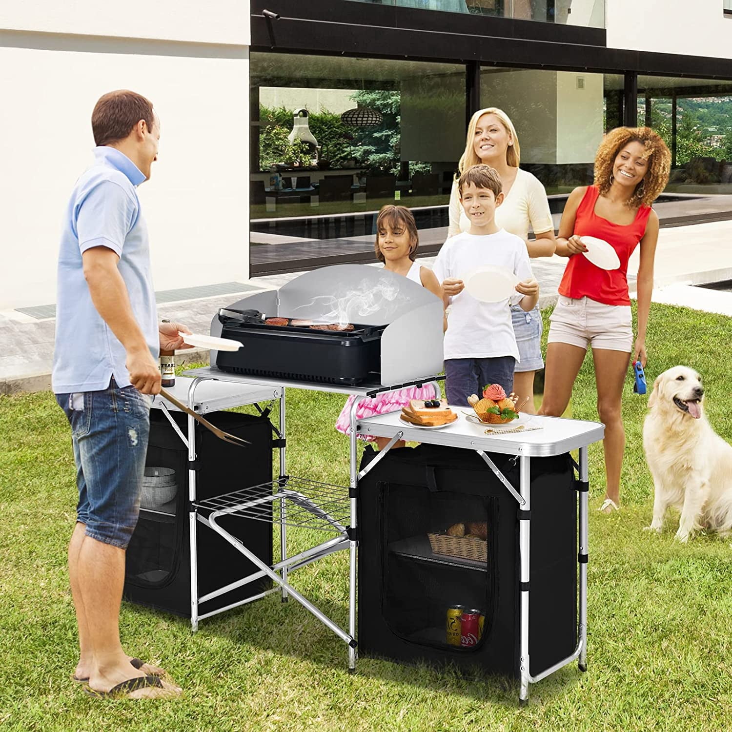 Camping Kitchen Table with Storage. Aluminum Portable Outdoor Cooking Table with Windscreen. Foldable Camp Table Cook Station for BBQ. Grill. Party. Picnics