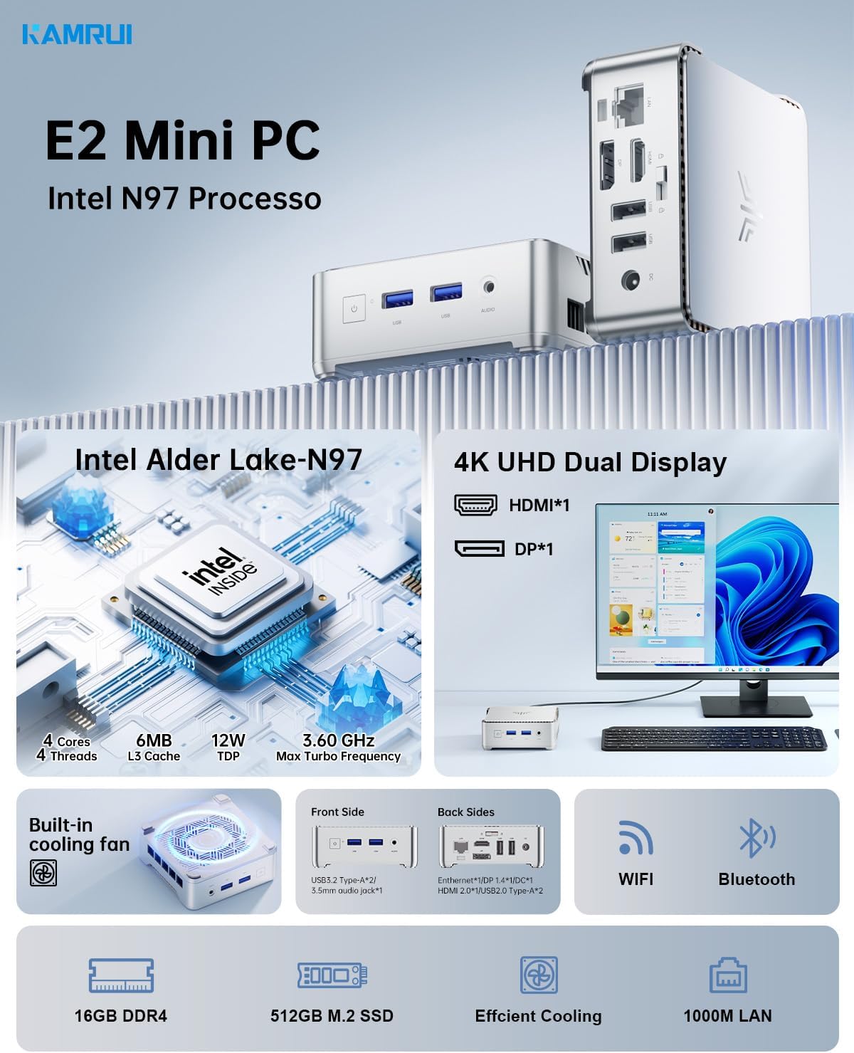 KAMRUI Essenx E2 Mini PC  16GB RAM 512GB SSD Mini Computers 12th Alder Lake N97 (Beat N150 up to 3.6GHz) Micro PC  HDMI+DP1.4 Dual 4K UHD Small PC Gigabit Ethernet WiFi BT Home/Office Mini Desktop pc