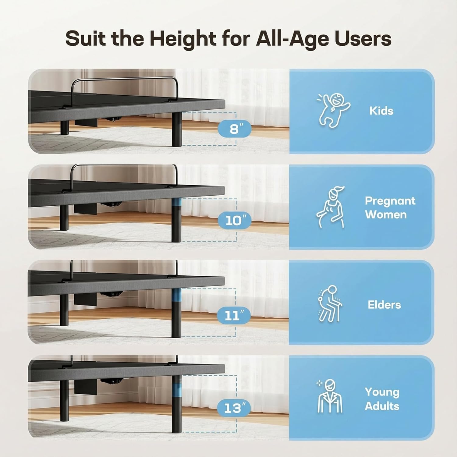Marsail MS01-2 Split King Adjustable Base with Massage, Wireless Remote, 4 Adjustable Heights, Nightlight, 3 Minutes Fast Assembly