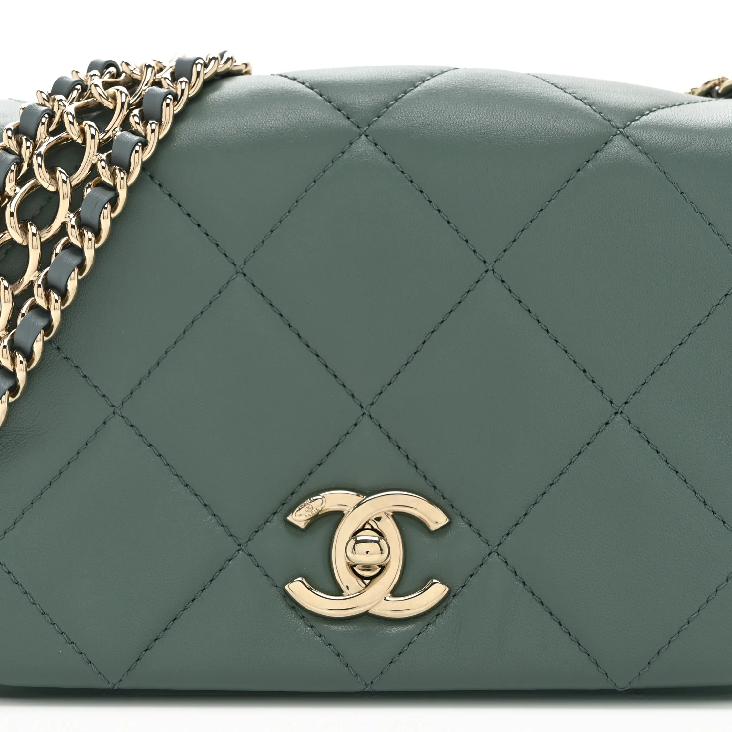 Lambskin Quilted Mini Chain Rows Flap  Green