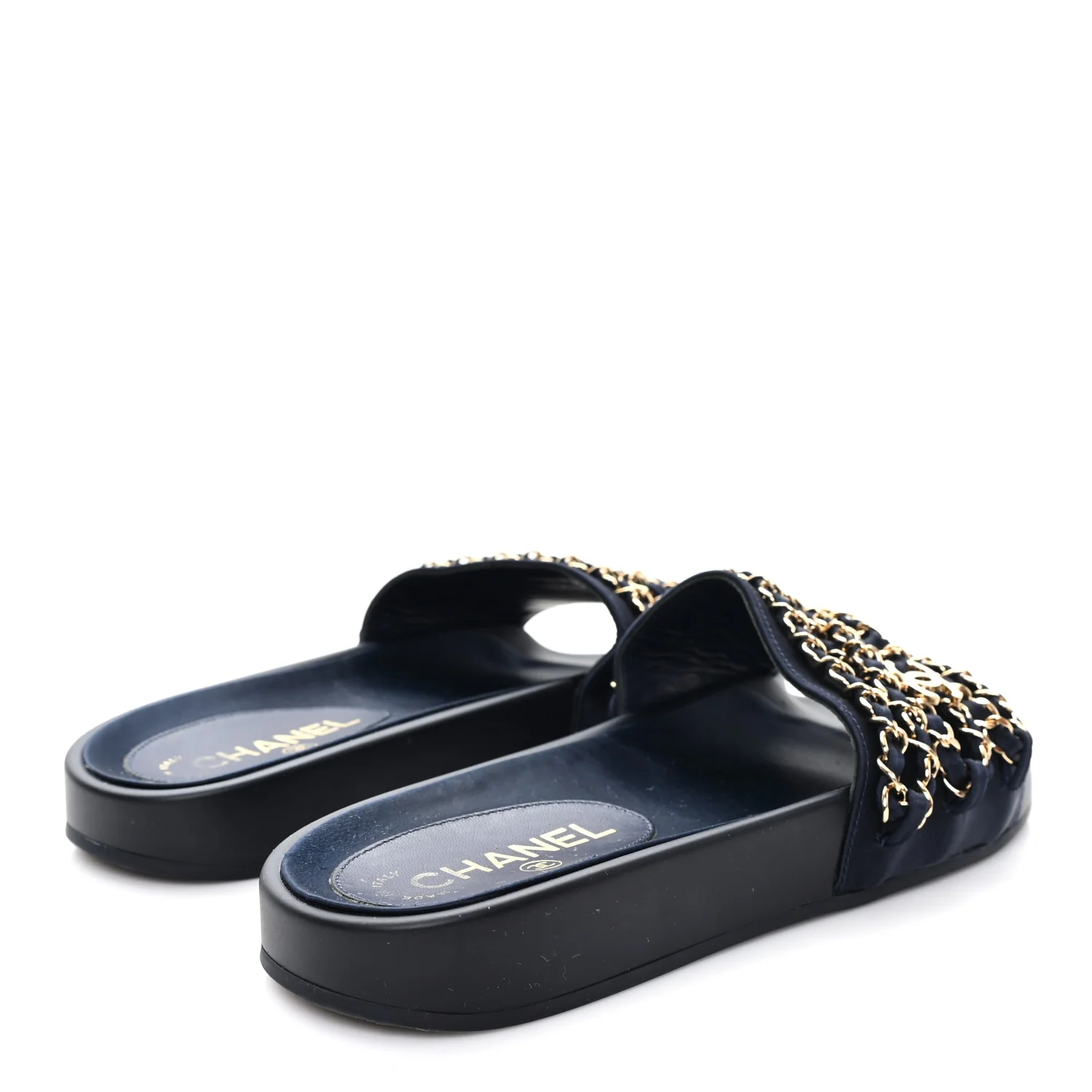 Satin Canvas Chain Slides Sandals Flats 38 Marine