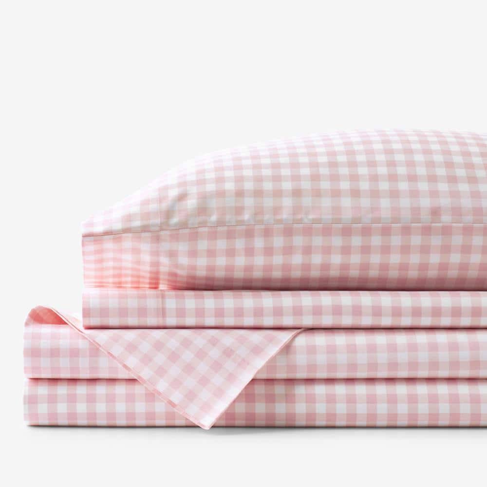 The Company Store Company Kids Gingham 3-Piece Petal Pink Plaid 200-Thread Count Organic Cotton Percale Twin Sheet Set