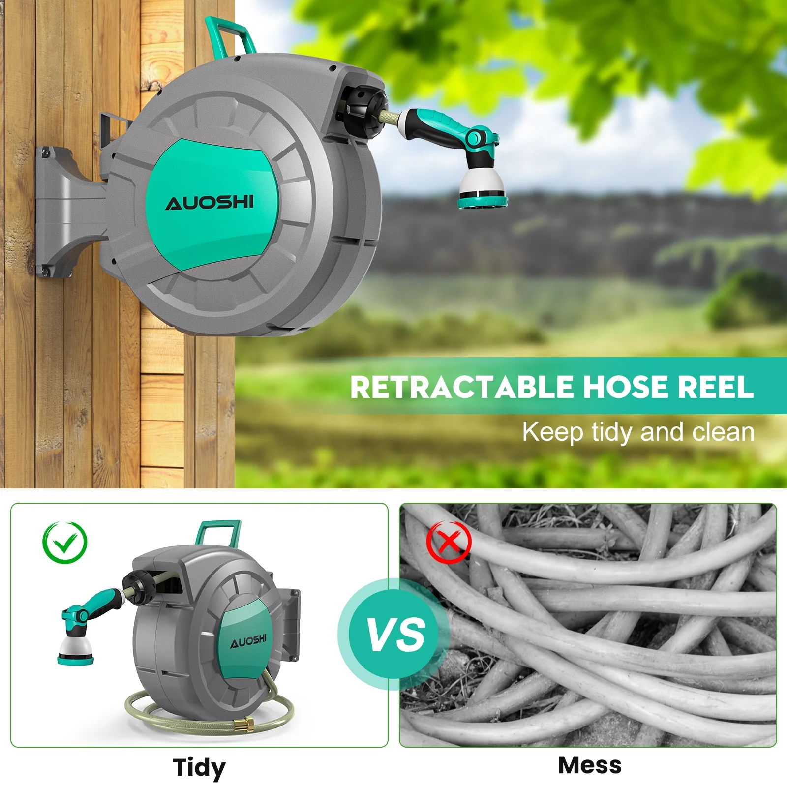 Retractable Garden Hose Reel 1/2" 100ft Automatic Hose Reel with 10 Function Sprayer Nozzle Wall Mount 180 Deg Swivel Bracket Hose Reel with Any Length Lock Slow Return System(100') - Image 6