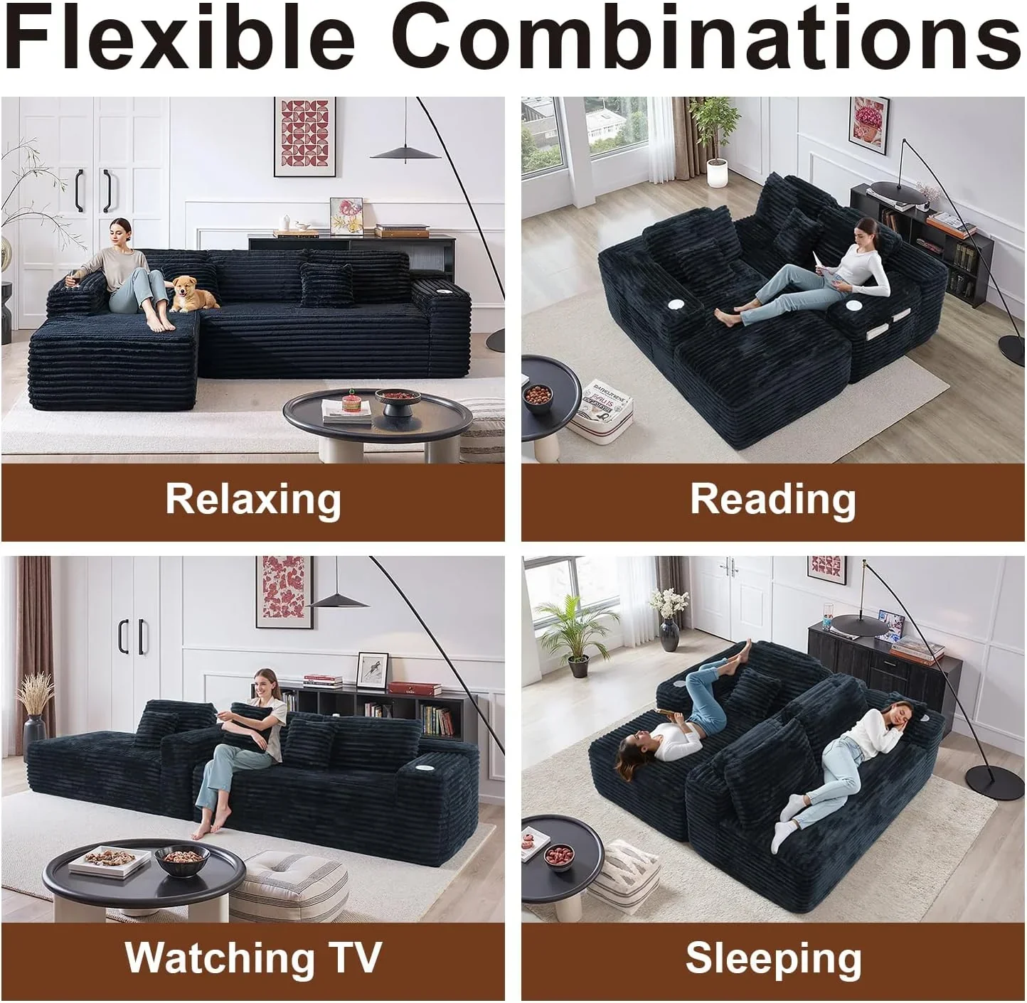 Canapé d'angle Cloud avec fauteuil inclinable en L et porte-gobelet intégré
