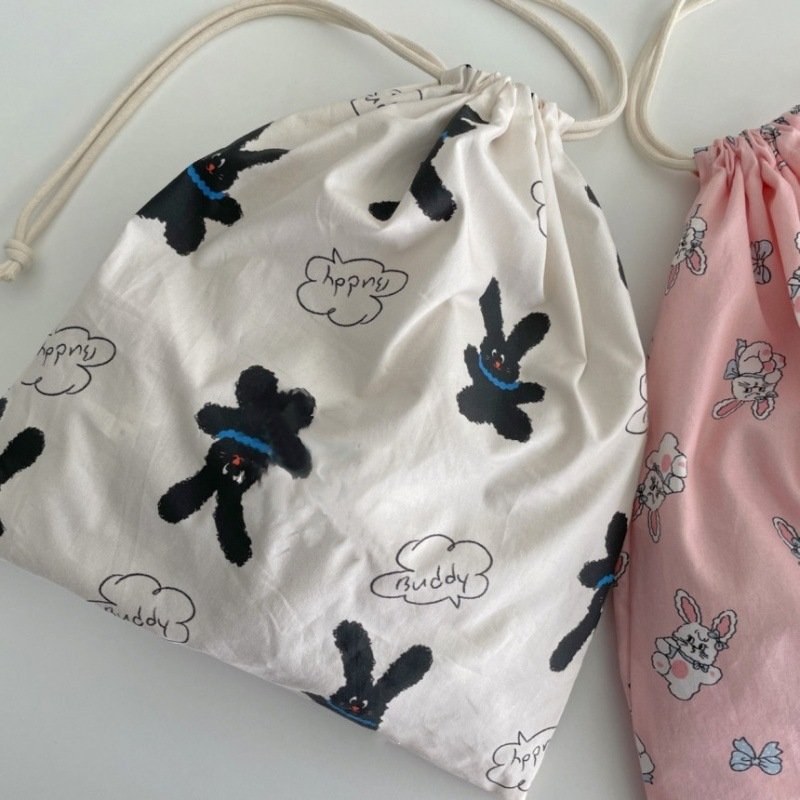 Cute Rabbit Print Baby Diaper Bag Soft Cotton Drawstring Pouch Reusable Travel Storage Bag for Newborn Diapers
