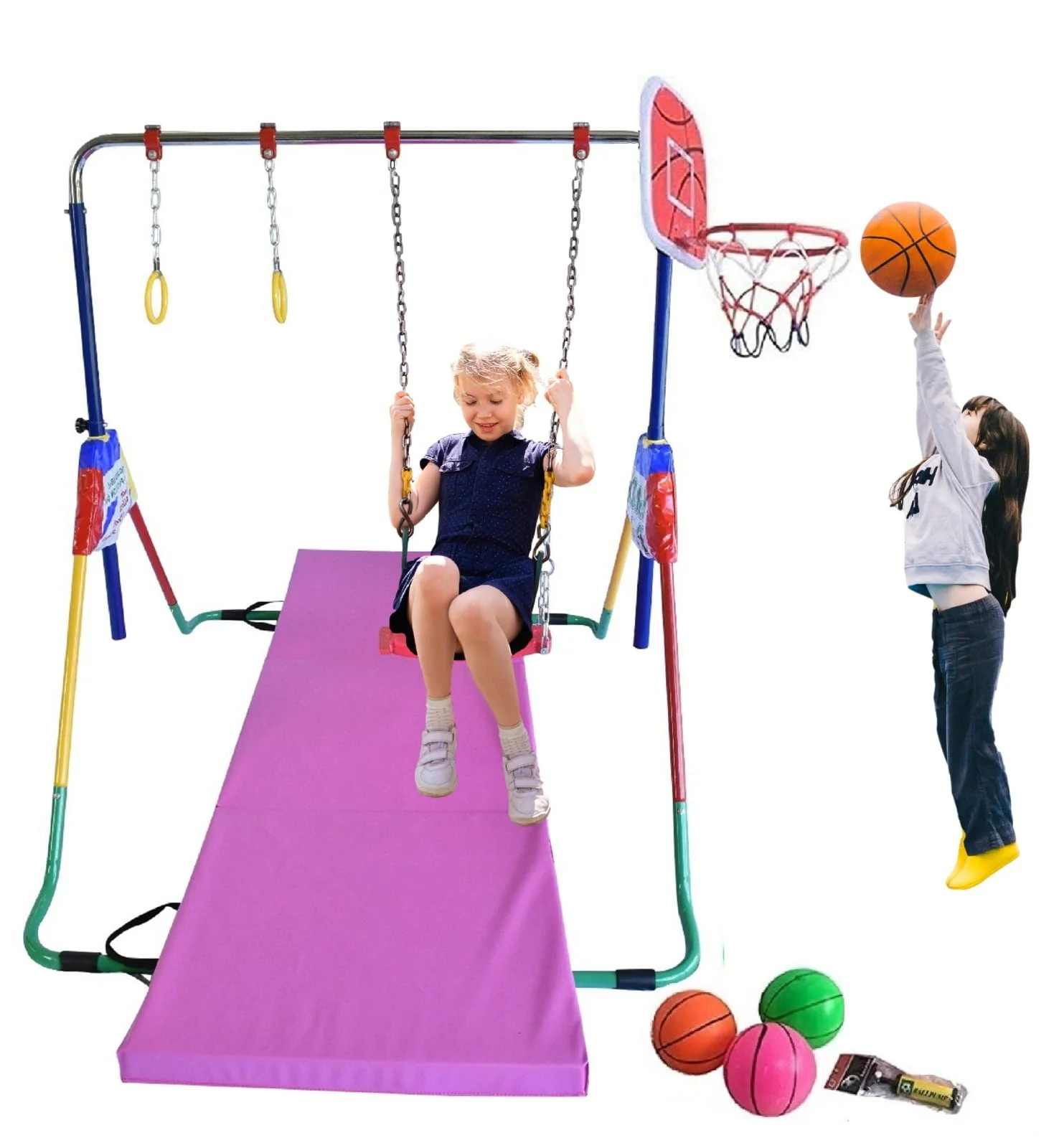 Adjustable Height Gymnastics Bar for Kids Kip Bar 6 in 1 Set, 6'X2' Gymnastic Tumble Mat, Swing Seat, 2 Trapeze Rings, Basketball Hoop, Home Junior Training Monkey Bars Fitness Balance Horizontal Bar