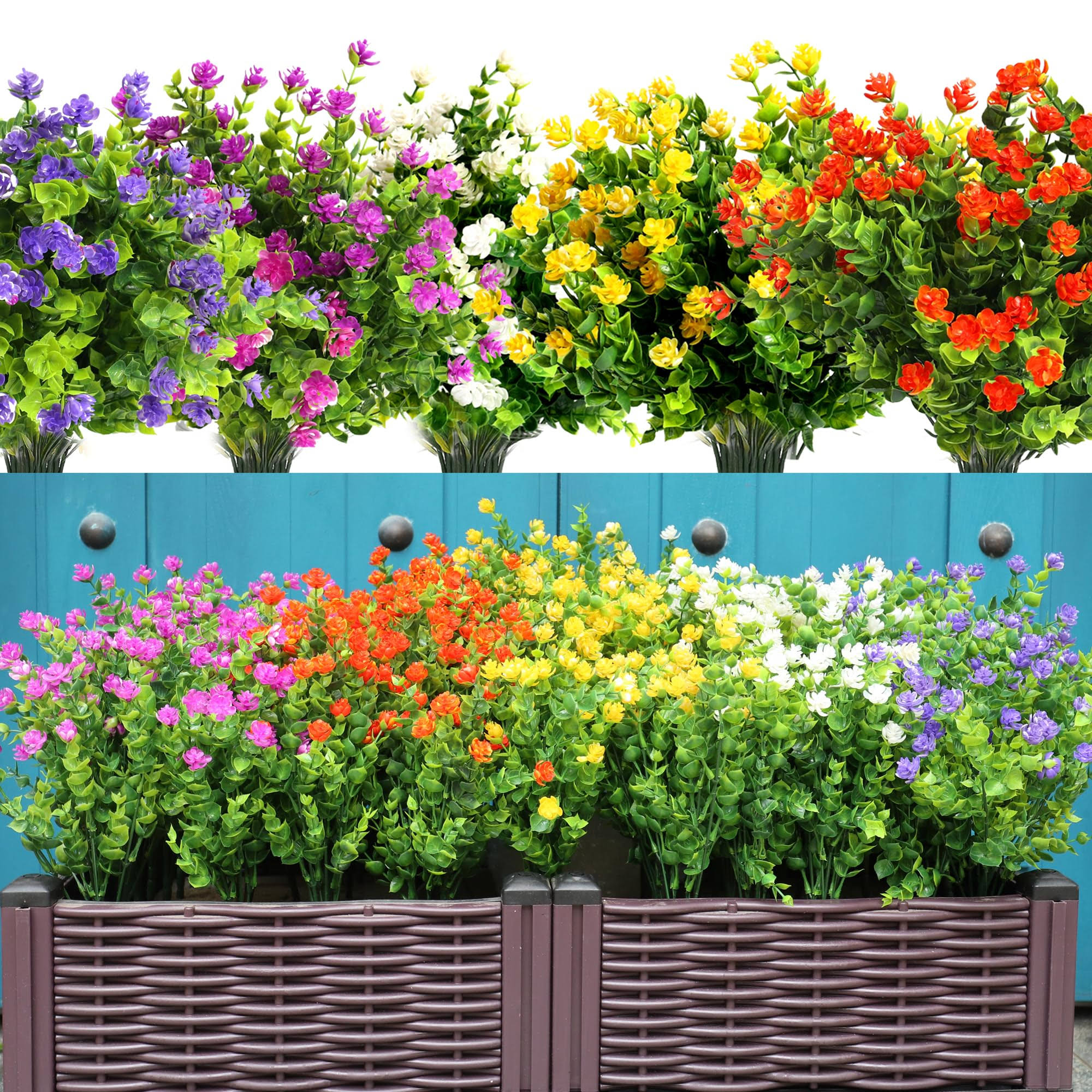 SUPLEAF 20 Bundles Artificial Flowers Fake Plants for Outdoors, UV Resistant Faux Greenery Shrubs for Garden Outdoor Window Box Porch Farmhouse