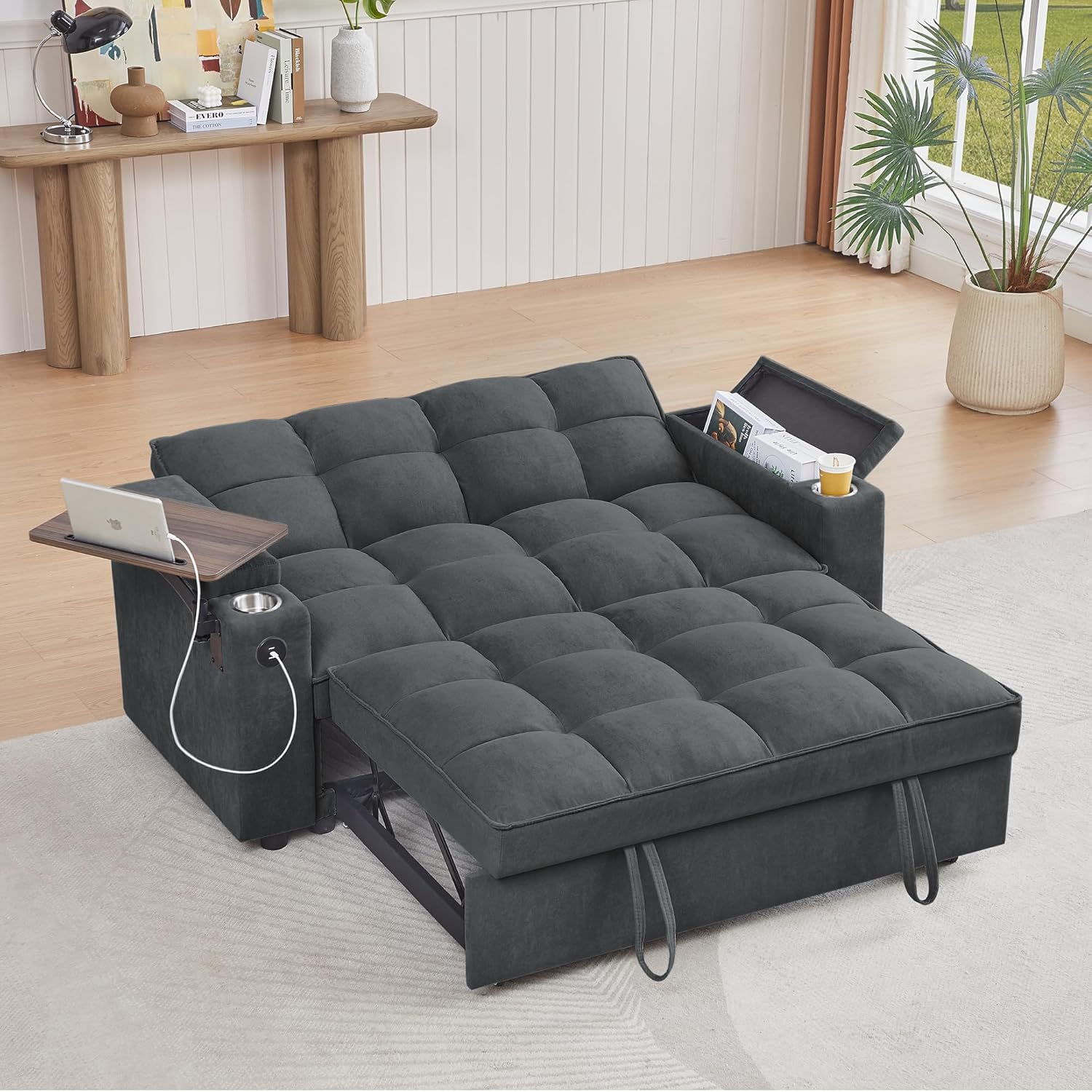 65'' 3-in-1 Folding Convertible Sofa Bed, Pullout Sofa, Modern Chenille Fabric, 360° Swivel Side Table, Easy Assembly, Perfect for Living Room, Grey