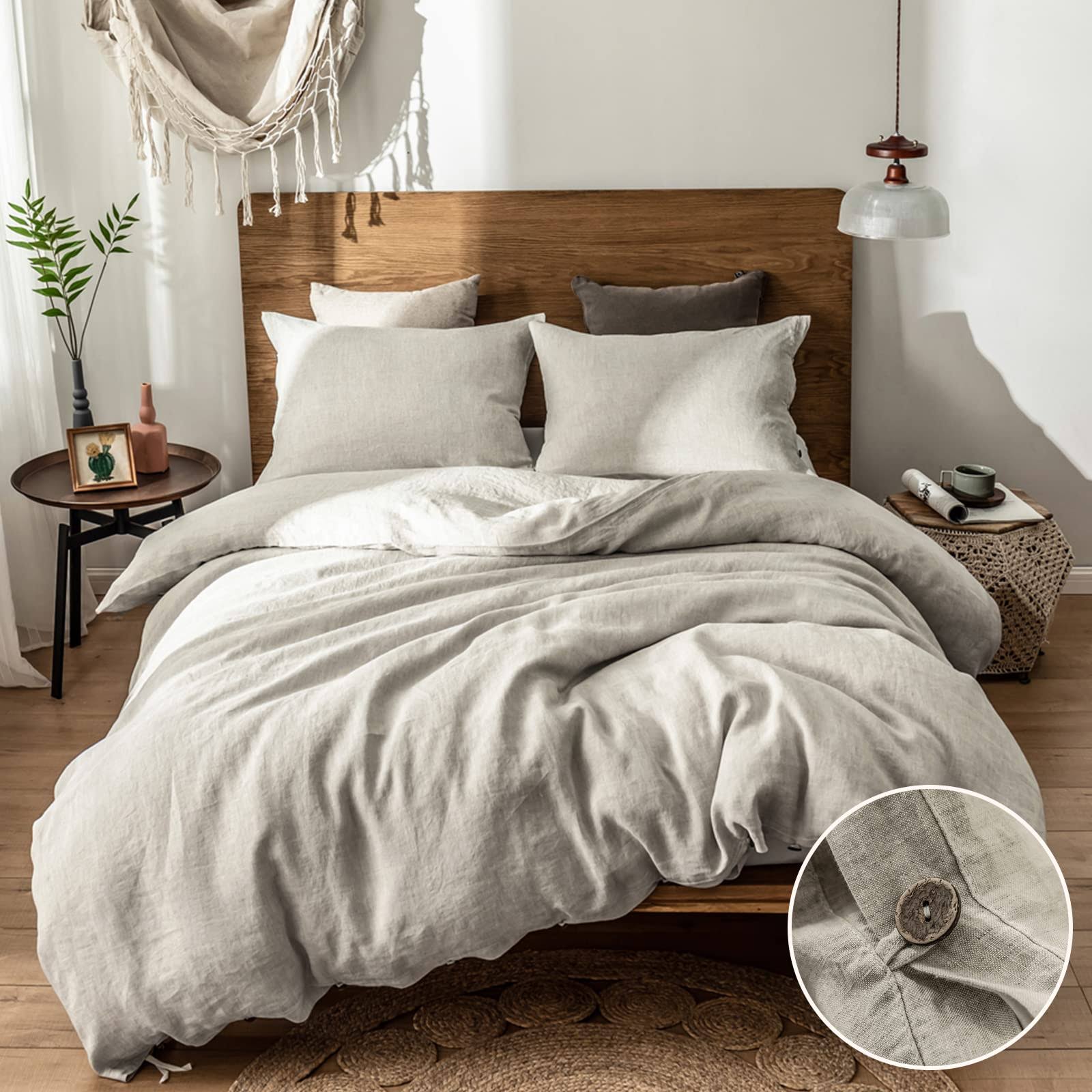 Simple&Opulence 100% Linen Duvet Cover Set,3 Pieces Belgian Flax Breathable Bedding, Queen Size (1 Comforter Cover+2 Pillowshams) with Coconut