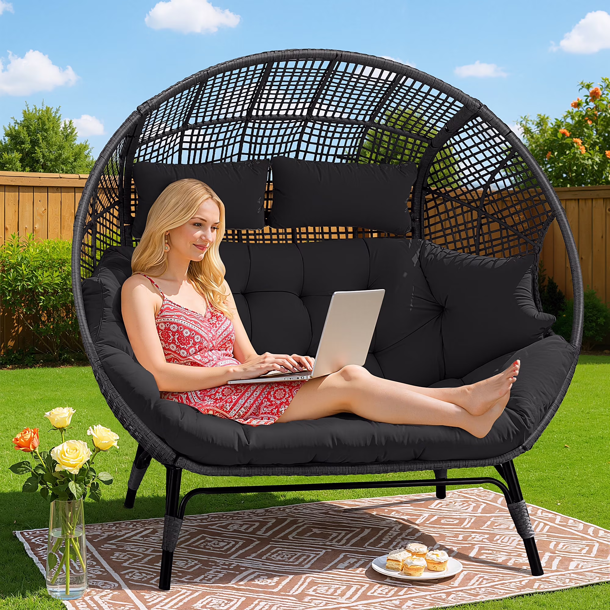 Double Egg Chair for 2 Person, Oversized Wicker Loveseat with Thick Cushions, 680 lbs Capacity, Indoor Outdoor Stationary Patio Lounge Chair for Balcony, Garden, Beige(Beige/No Ottomans) - Image 3
