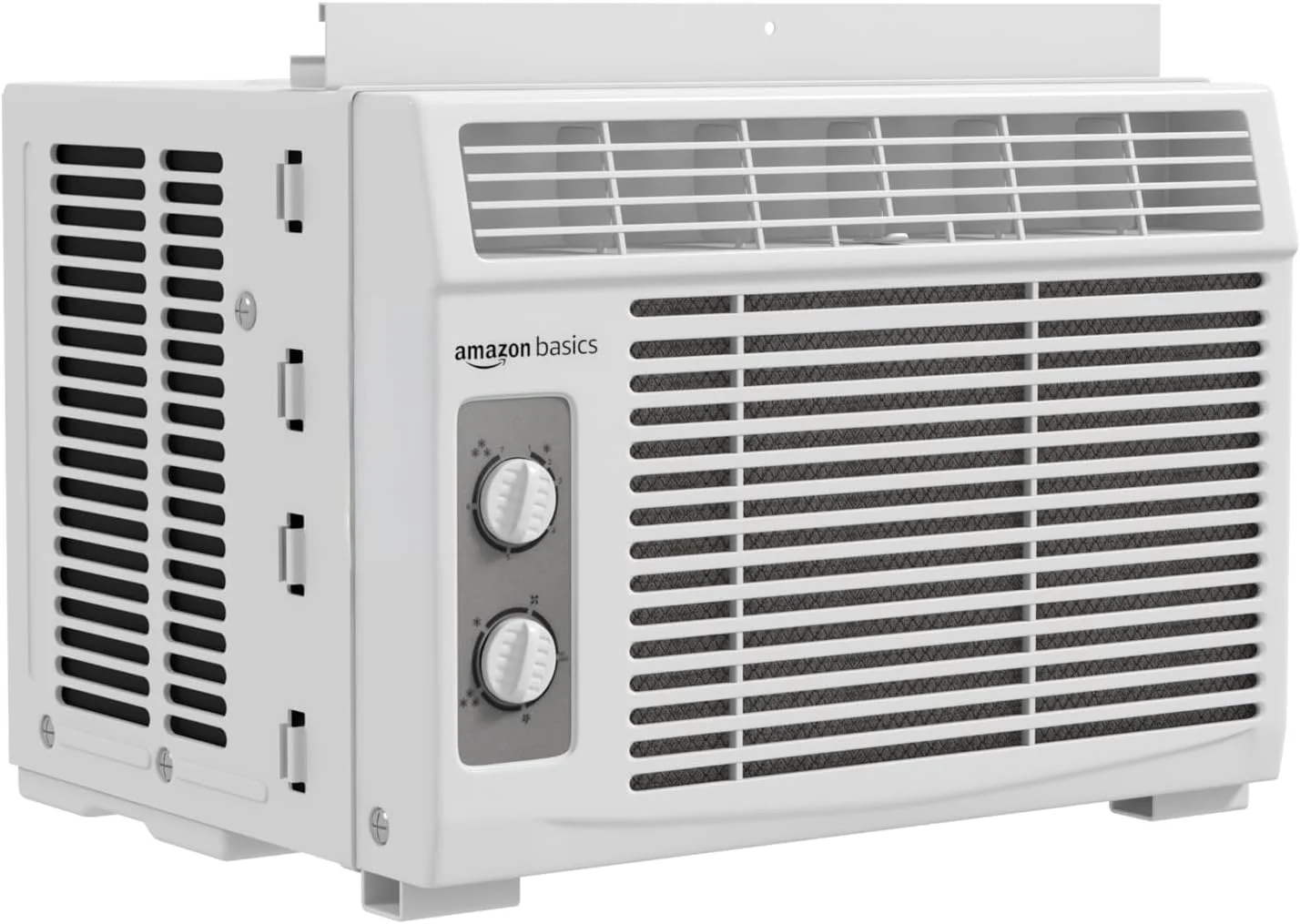 Climatiseur de fenêtre Amazon Basics 5000 BTU, silencieux, jusqu'à 14 m², fonctions refroidissement et ventilation, filtre lavable, kit de fenêtre ajustable, commandes mécaniques intuitives, pour petites pièces, blanc