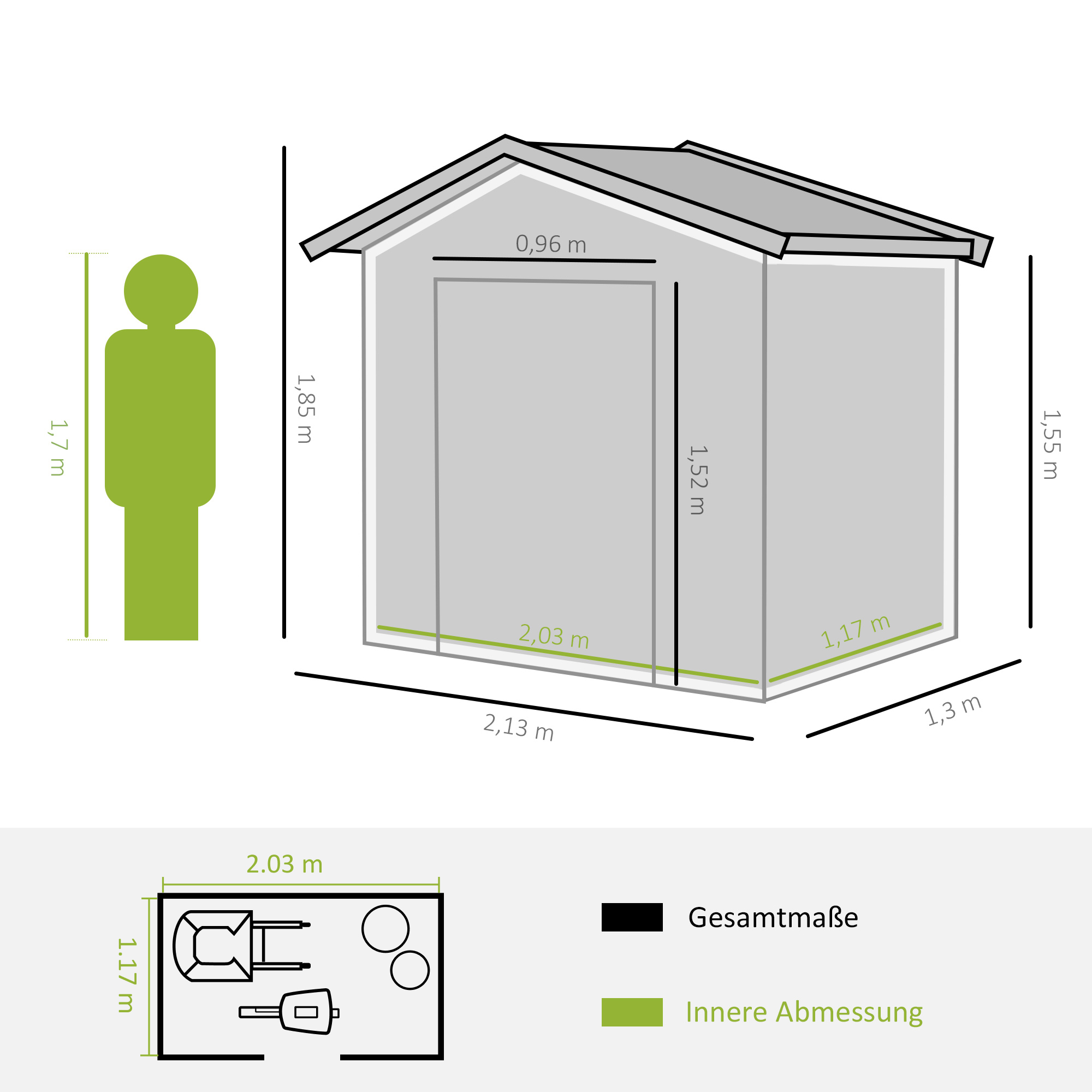Outsunny gereedschapsschuur, tuinhuisje, met schuifdeuren, fundering, weerbestendig, staal, groen, 213 x 130 x 185 cm