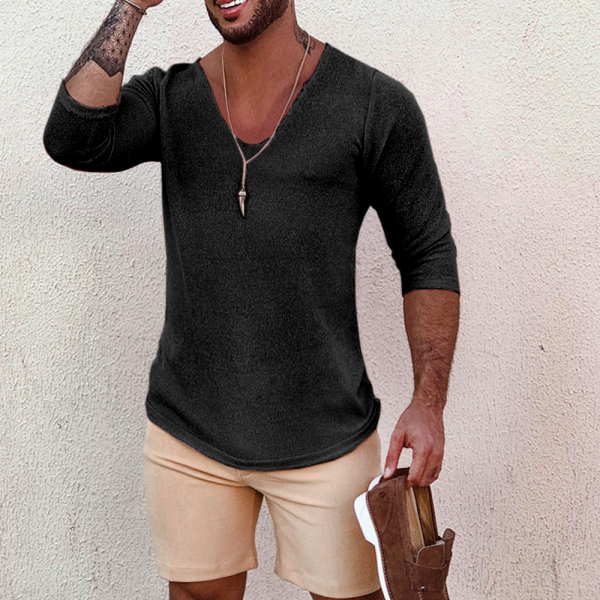 T-shirt à manches mi-longues en lin et coton respirant, col en V profond pour homme