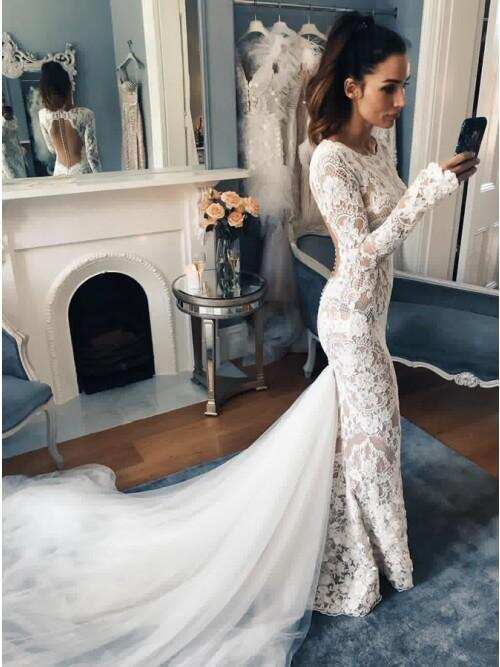 Mermaid Crew Long Sleeves Illusion Back Lace Wedding Dress DML15