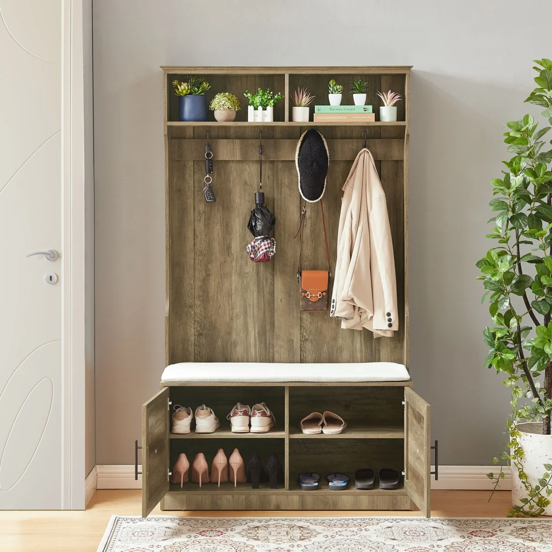 Entryway Hall Tree with Storage Bench, Wooden Coat Rack with Sponge Pad and 4 Dual Hooks, Storage Shelf Organizer with 2-Door Cabinet for Entryway, Bedroom, Easy to Assemble(Natural) - Image 2