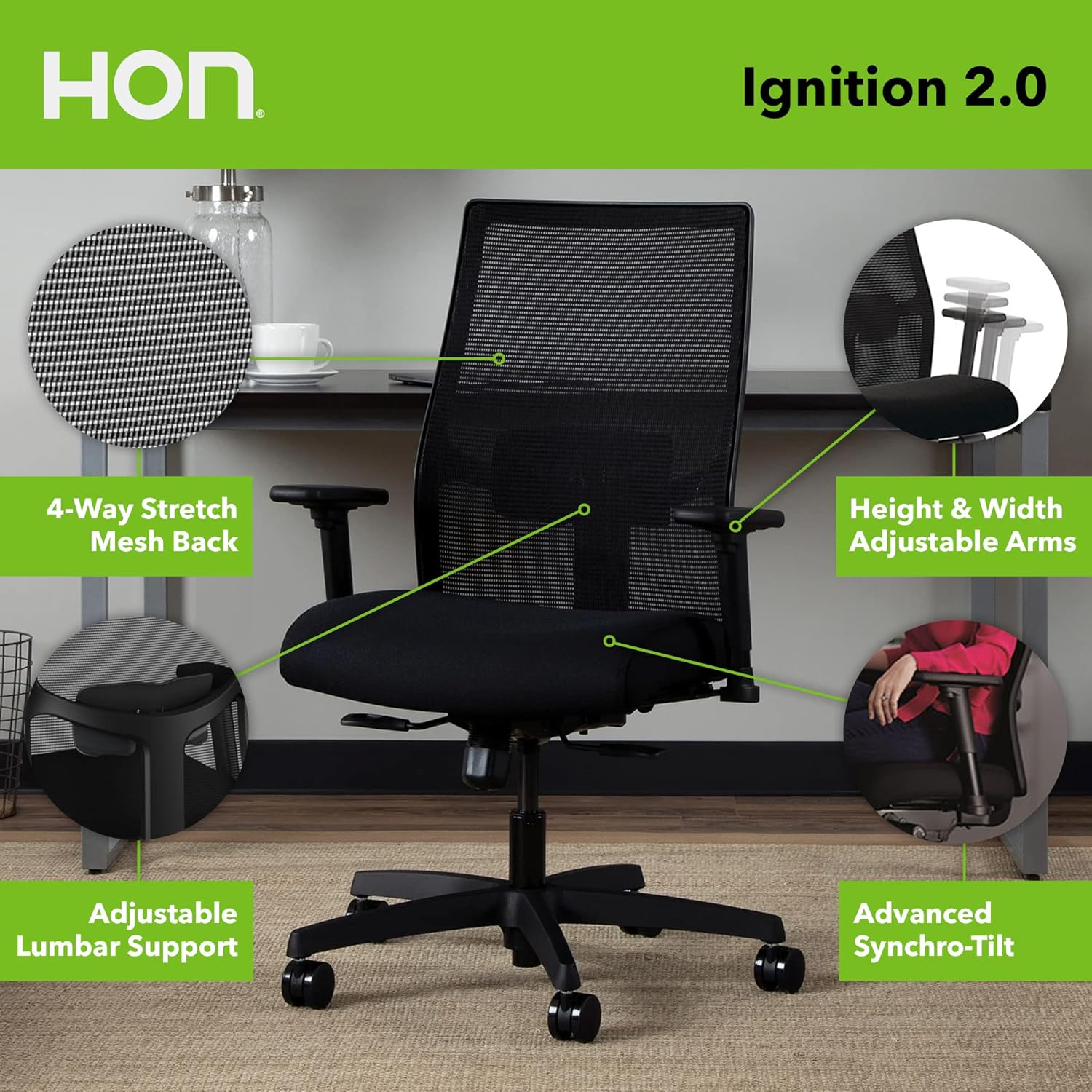 Bundle of HON Office Desk Chair Ignition 2.0 - Ergonomic Desk Chair, Home Office Chairs, Adjustable Lumbar & Armrests, Black + Carpet Chair Mat (36” x 48”)