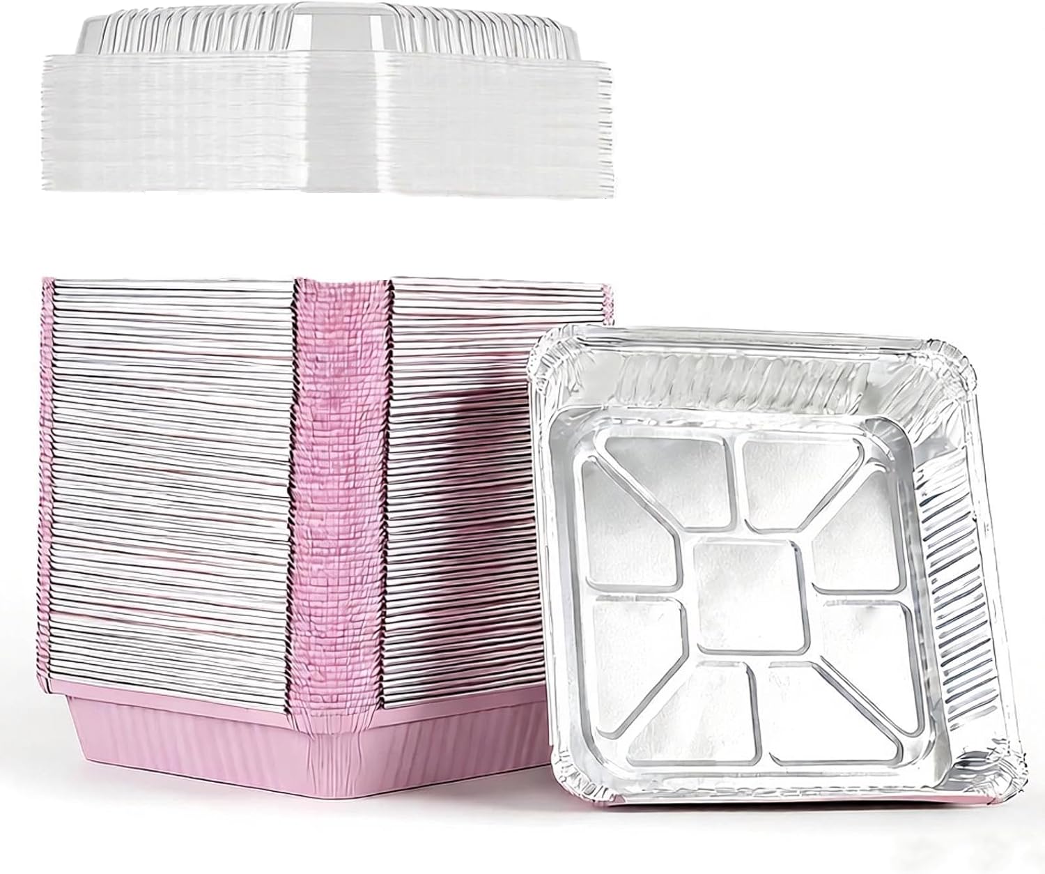 (40 Pack) 8x8 Square Aluminum Baking Cake Pans with Clear Lids - Pink Foil Pans with Lids - Disposable Food Containers Great for Cooking, Heating, Storing, and Preparing Food