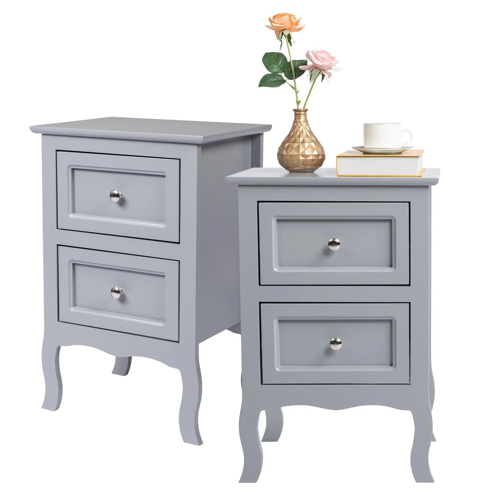 Nightstand, Bedside Table with 2 Storage Drawers, End Side for Bedroom, Country Style Set of 2,Gray(Brown) - Image 2