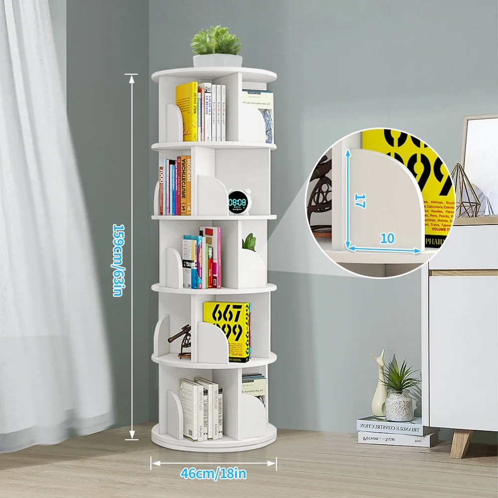 5 Tier Rotating Bookshelf, 360?�� Revolving Bookcase 20 Shelves Floor-Standing Storage Display Rack White 63"x18"x18", Adult(White) - Image 2
