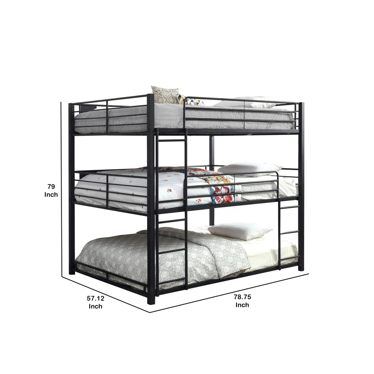 Industrial Style Queen Triple Decker Bunk Bed with Ladder, Black- Saltoro Sherpi