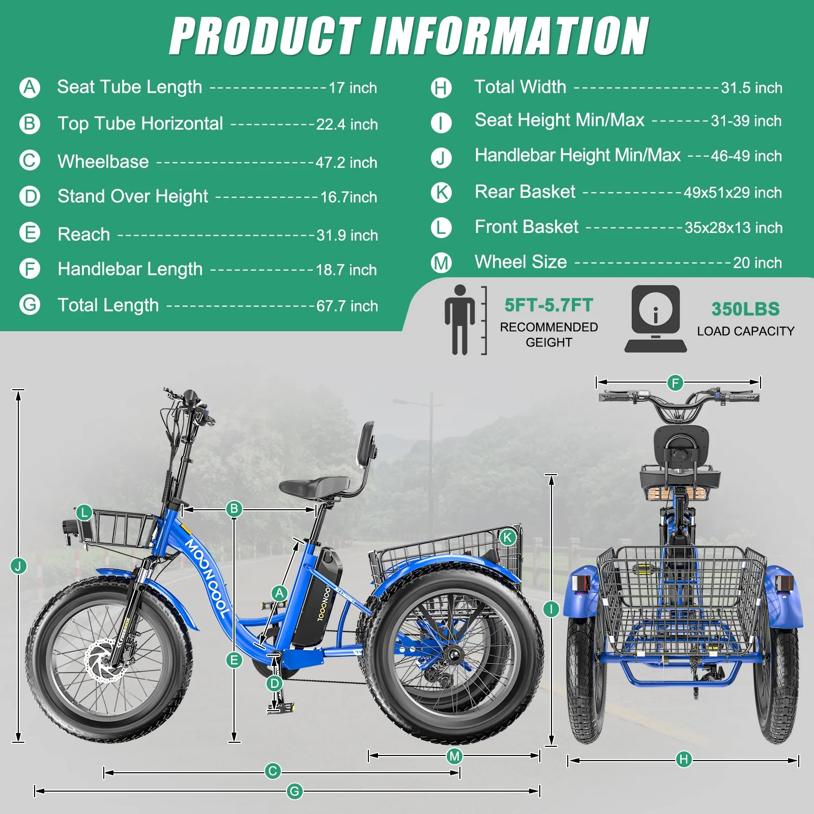20" x 4" Fat Tire Electric Tricycle for Adult, 7 Speeds Electric Trike 48V 500W Motorized Tricycle, Electric Three Wheels Bicycle for Senior, Aluminum Frame Rear Basket,16mph(Blue) Image 6
