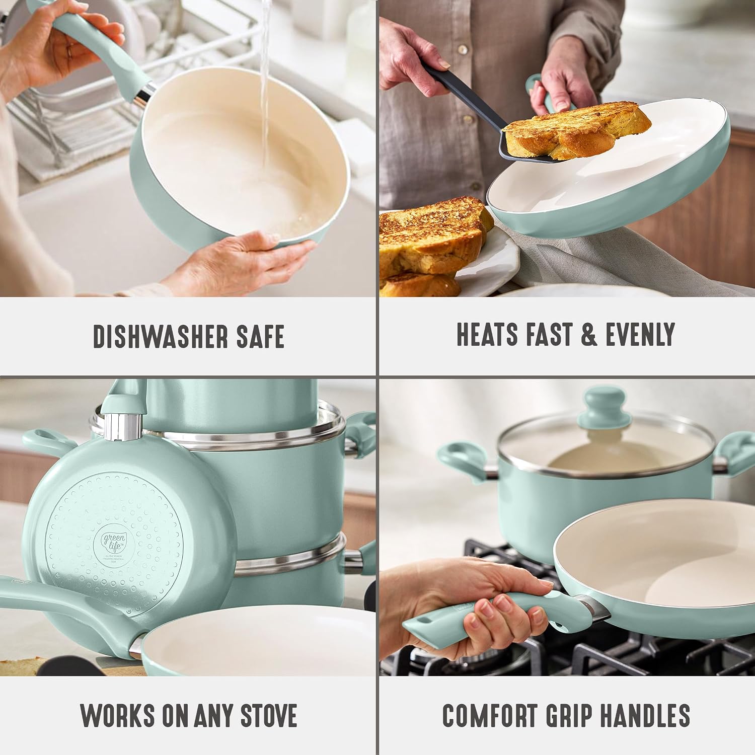 GreenLife 16pc Ceramic Nonstick Pots & Pans Cookware Set, Mint Green