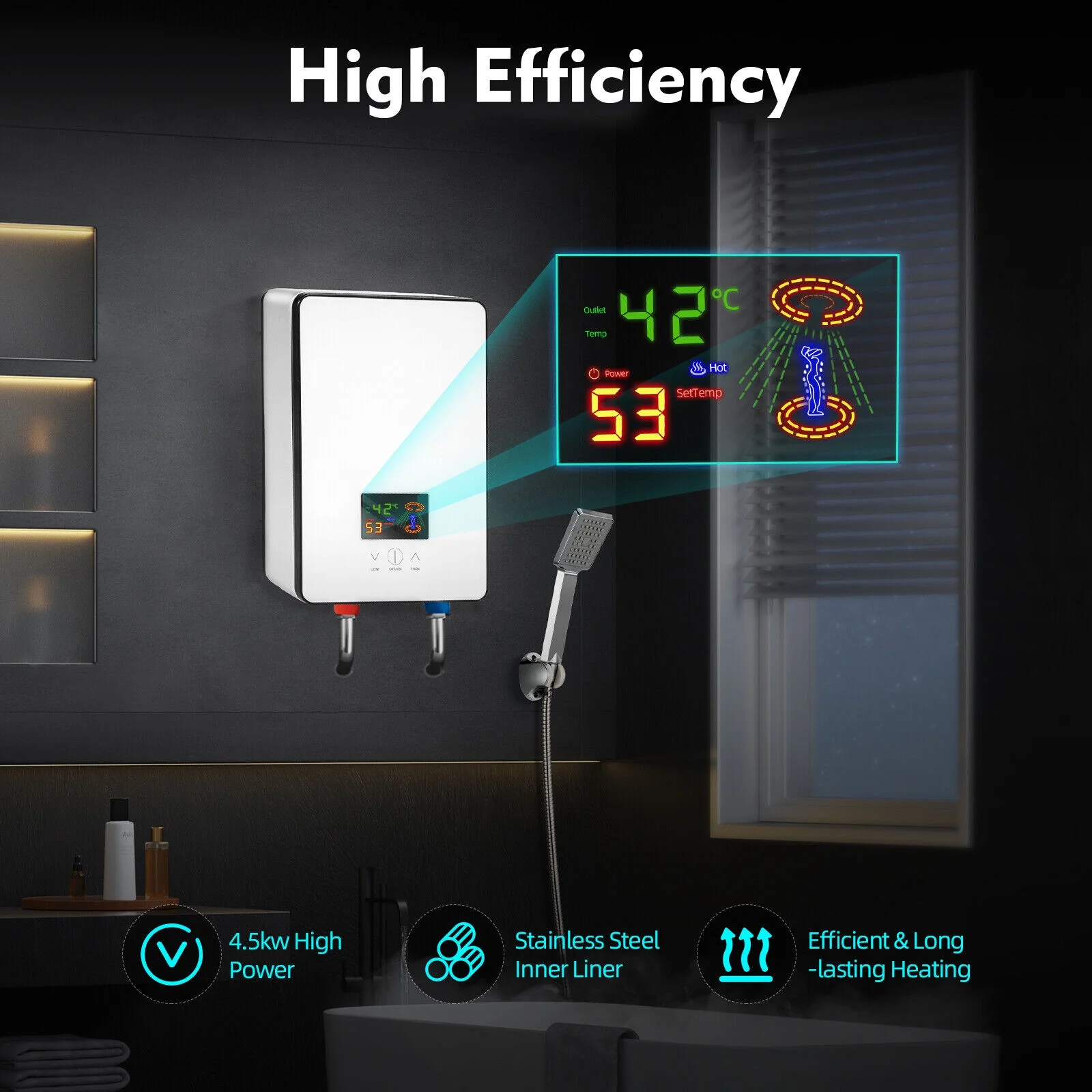 4500W Whole House Electric Water Heater Tankless Instant Water Heater with Shower Head 110V 30 - 55