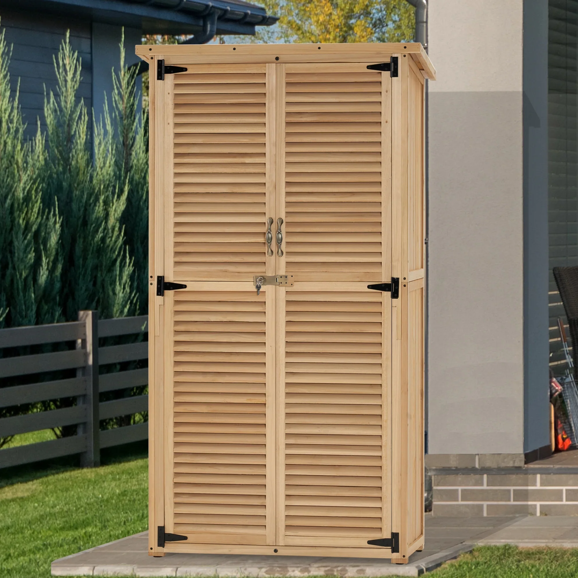 MCombo Outdoor Wooden Storage Cabinet, Garden Tool Shed w/ Latch, Outside Tools Wood Cabinet Double Doors