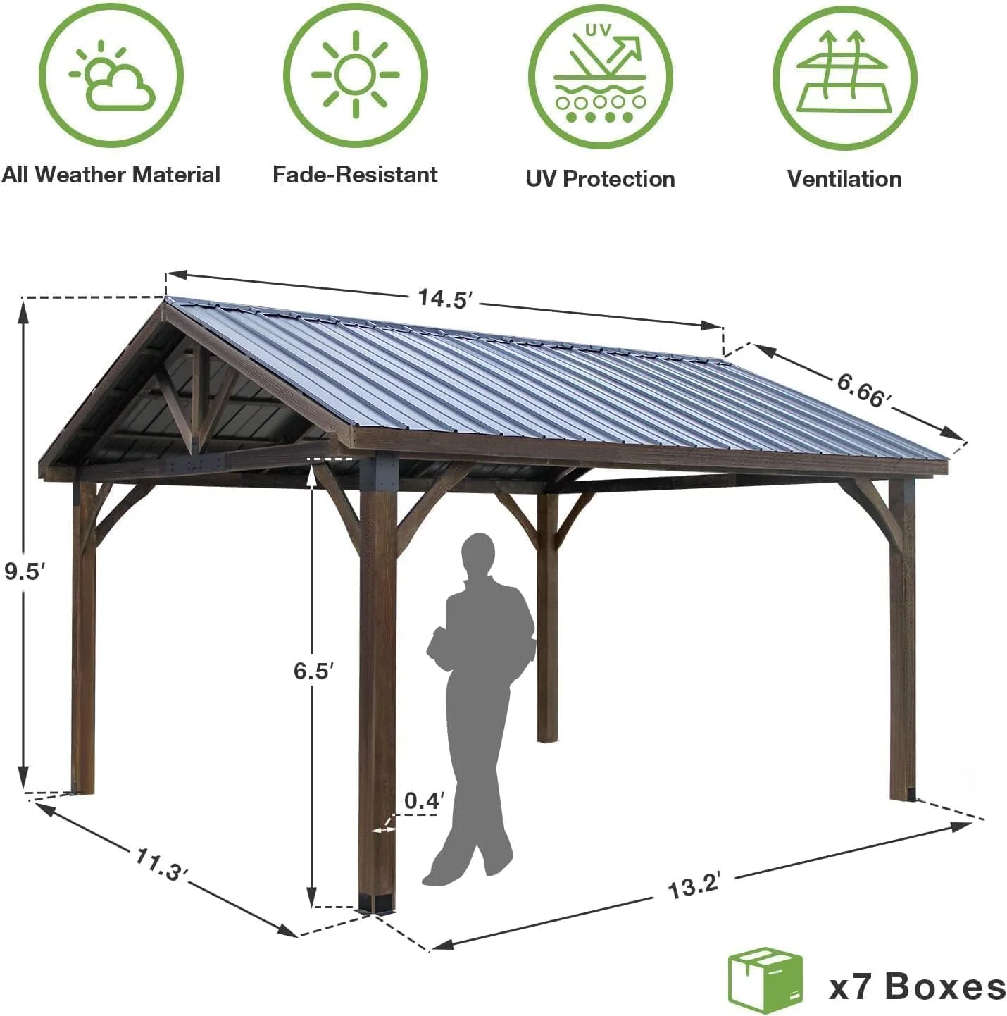 14.5x12ft Outdoor Wooden Gazebo,Grill Pergola Gazebo Clearance Hard-Top Gazebo for Patios, Garden,Coffee - Image 3