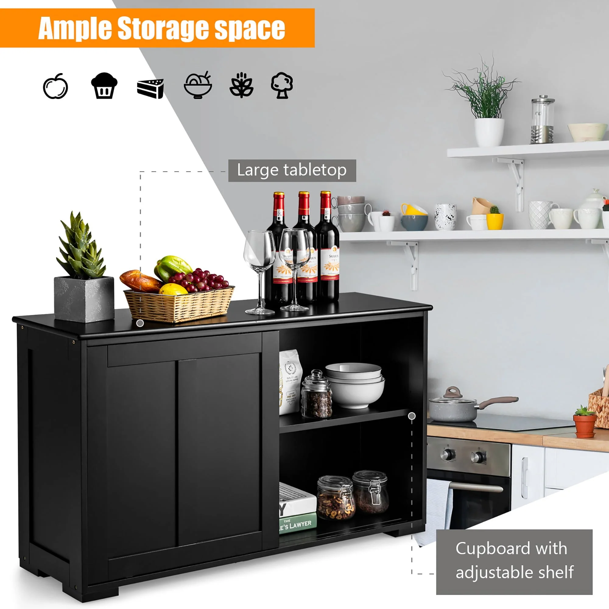 Costway Kitchen Storage Cabinet Sideboard Buffet Cupboard Wood Sliding Door Pantry Black