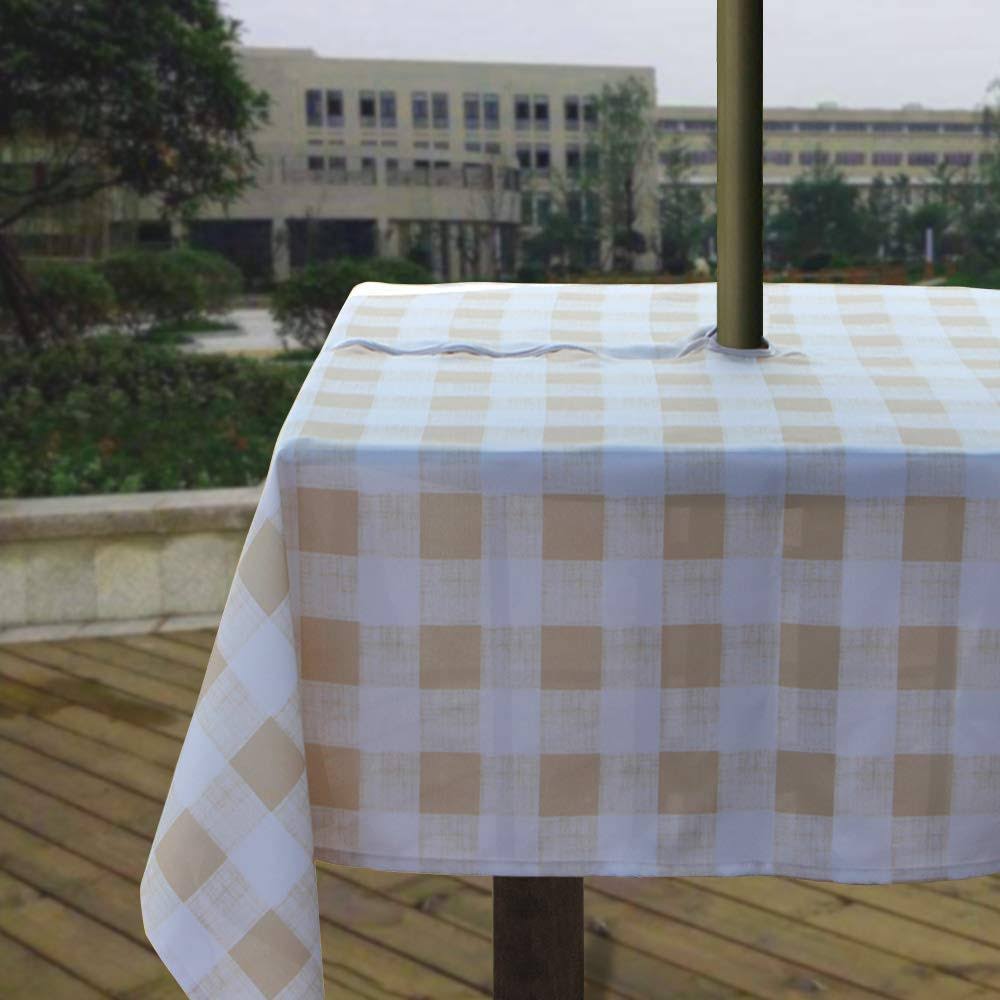 Melaluxe Spring/Summer Wrinkle-Free Waterproof Outdoor Tablecloth with Umbrella Hole and Zipper, Beige Checkered, 60 inch Square