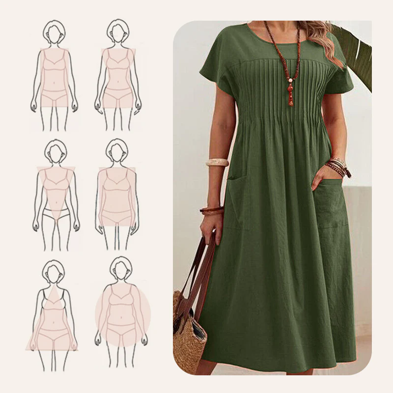 Robe mi-longue plissée à manches courtes avec poches