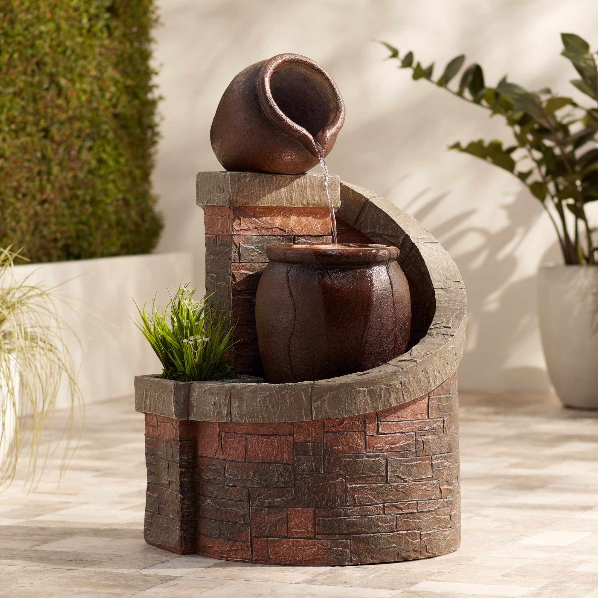 Two Jug 35 High Large Rustic Indoor Outdoor Decor Faux Stone Floor Fountain with Light LED Outside Garden Patio