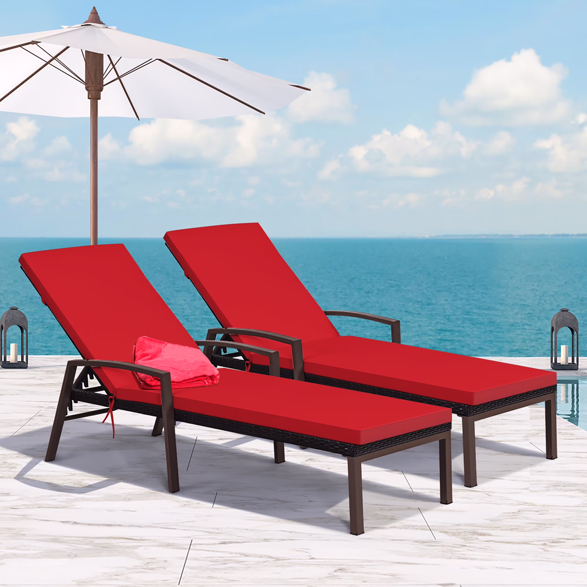 2PCS Patio Rattan Lounge Chair Chaise Recliner Back Adjustable Cushioned Red(Red)