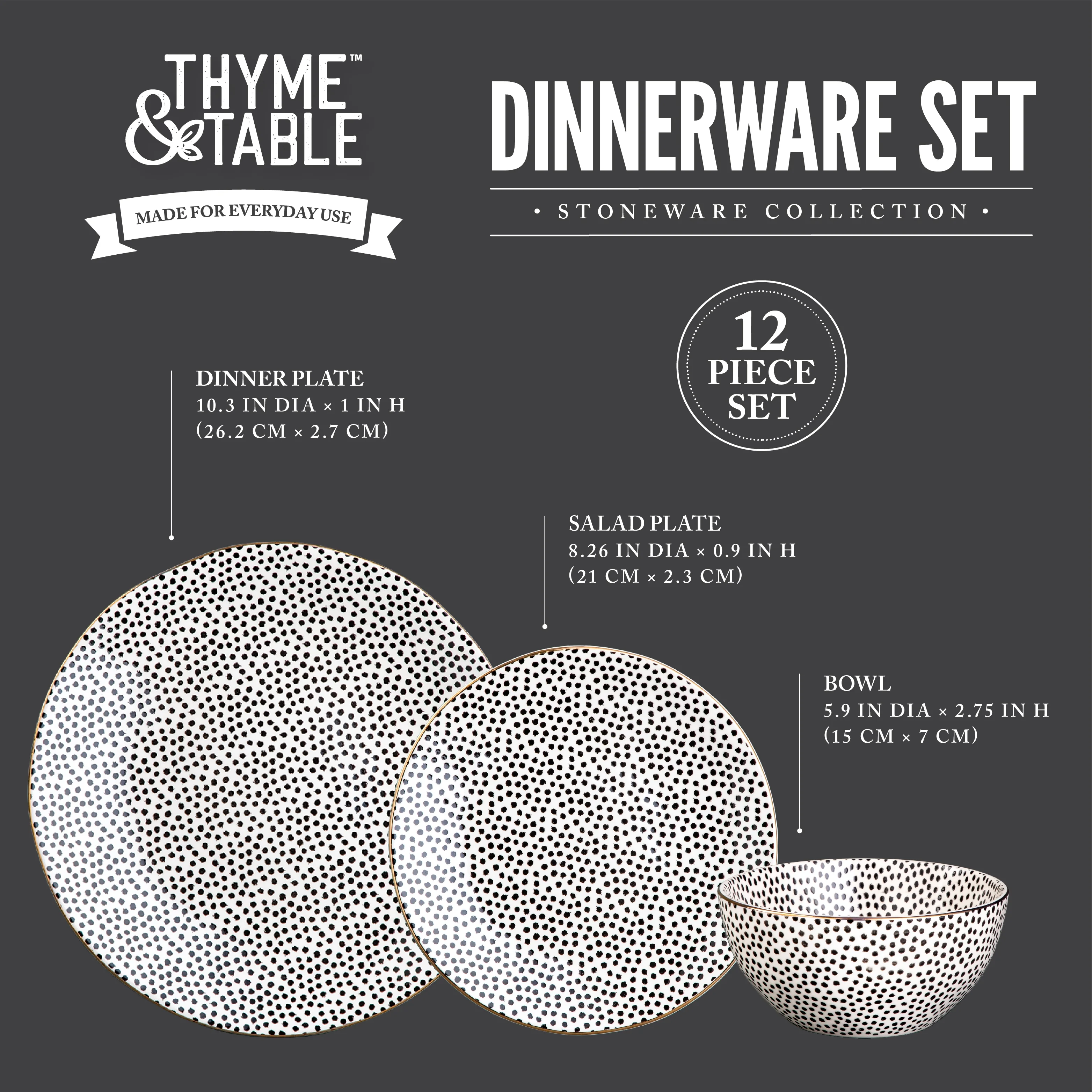 Table Dinnerware Black White Dot Stoneware, 12 Piece Set(black) Image 4