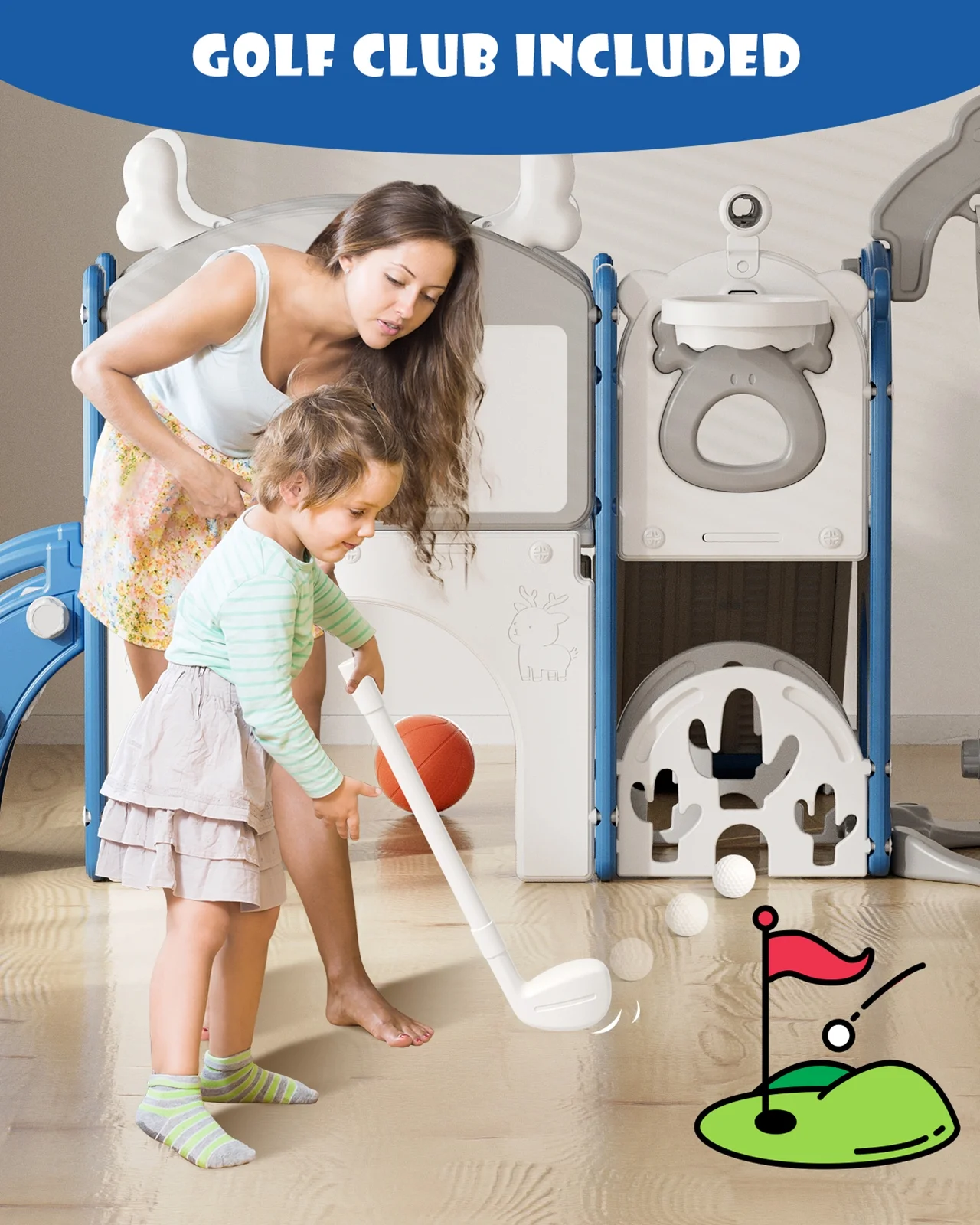 KORIMEFA 13 - in - 1 Toddler Slide, Kids Swing and Slide for Toddlers Age 1 - 4, Outdoor Indoor Playground Playset for Toddlers with Basketball Hoop and Ball Playset Telescope, Blue