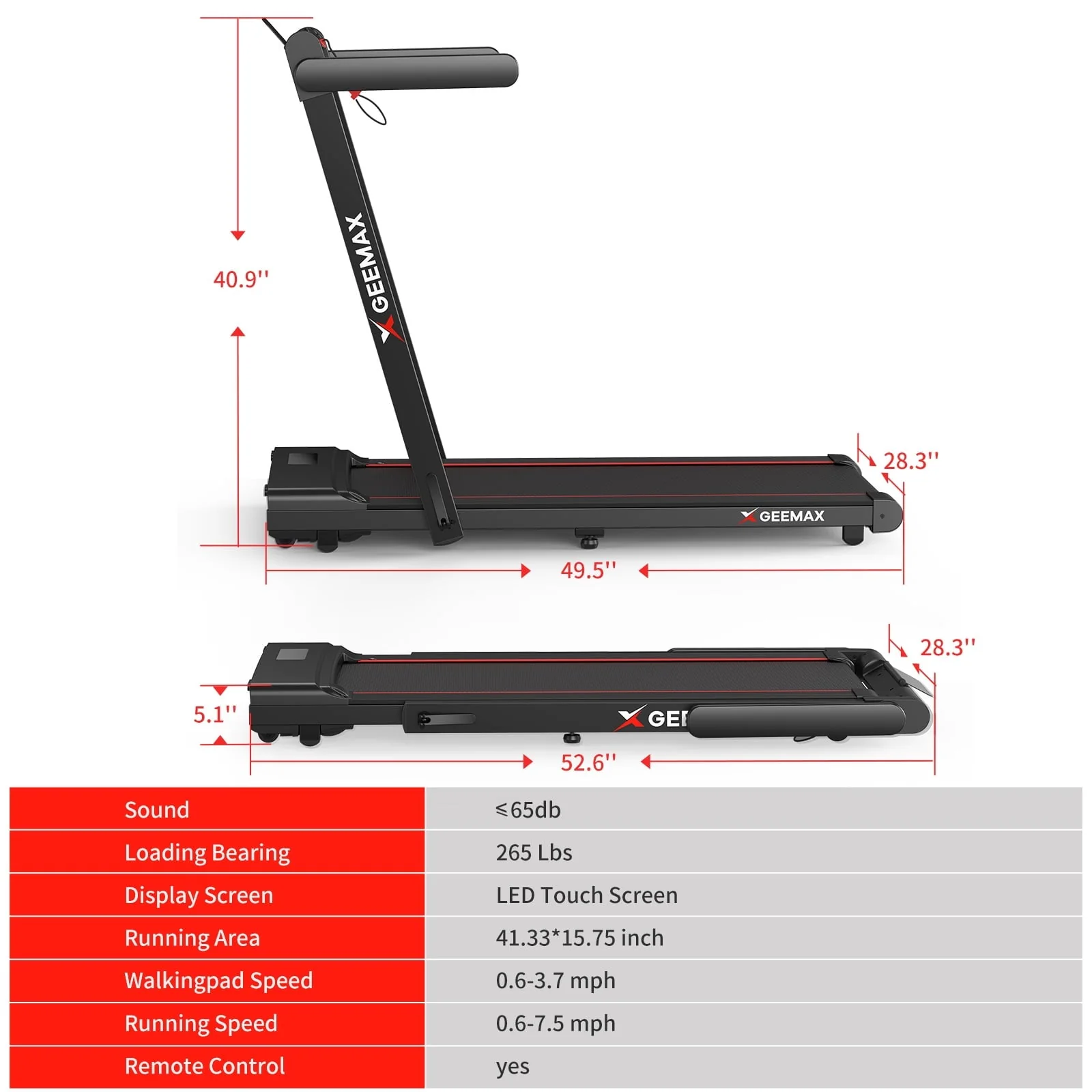 GEEMAX 3.0HP 2 in 1 Dual Display Folding Treadmill Under Desk Treadmill W/APP and 12 Pre - Set Fitness Exercise Programs & Remote Control Electric Treadmill Jogging Machine, 265 lb Capacity 0.6 - 7.5MPH