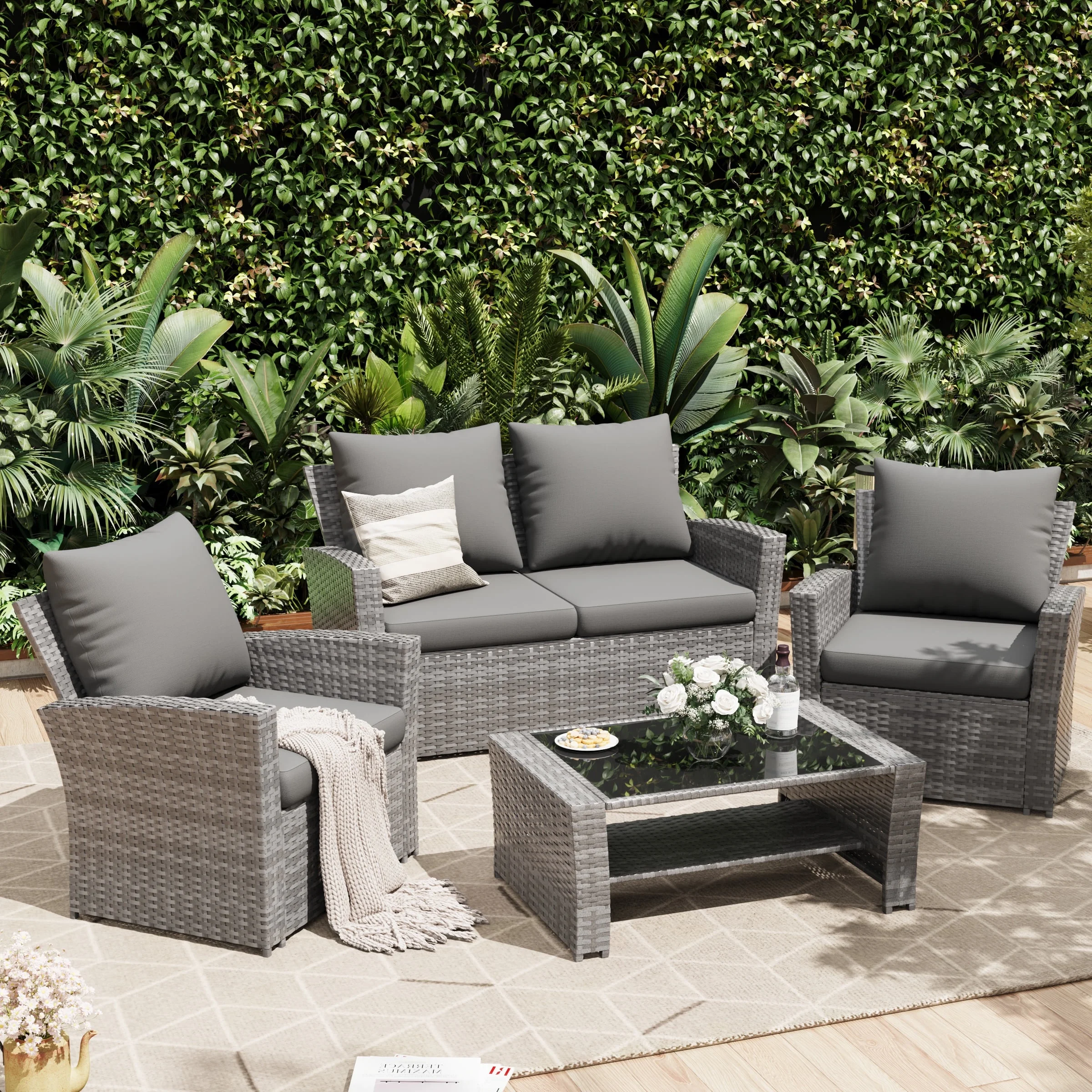 Wicker Patio Furniture Set, 4 Piece Outdoor Sectional Conversation Sets, Gray PE Rattan Patio Sofa Set for Balcony, Porch, Backyard, Grey(Gray) - Image 2