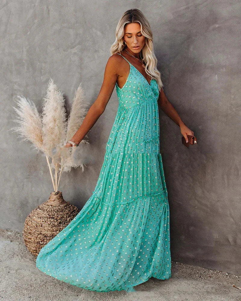 Robe Maxi d'Été Verte Style Bohème Chic