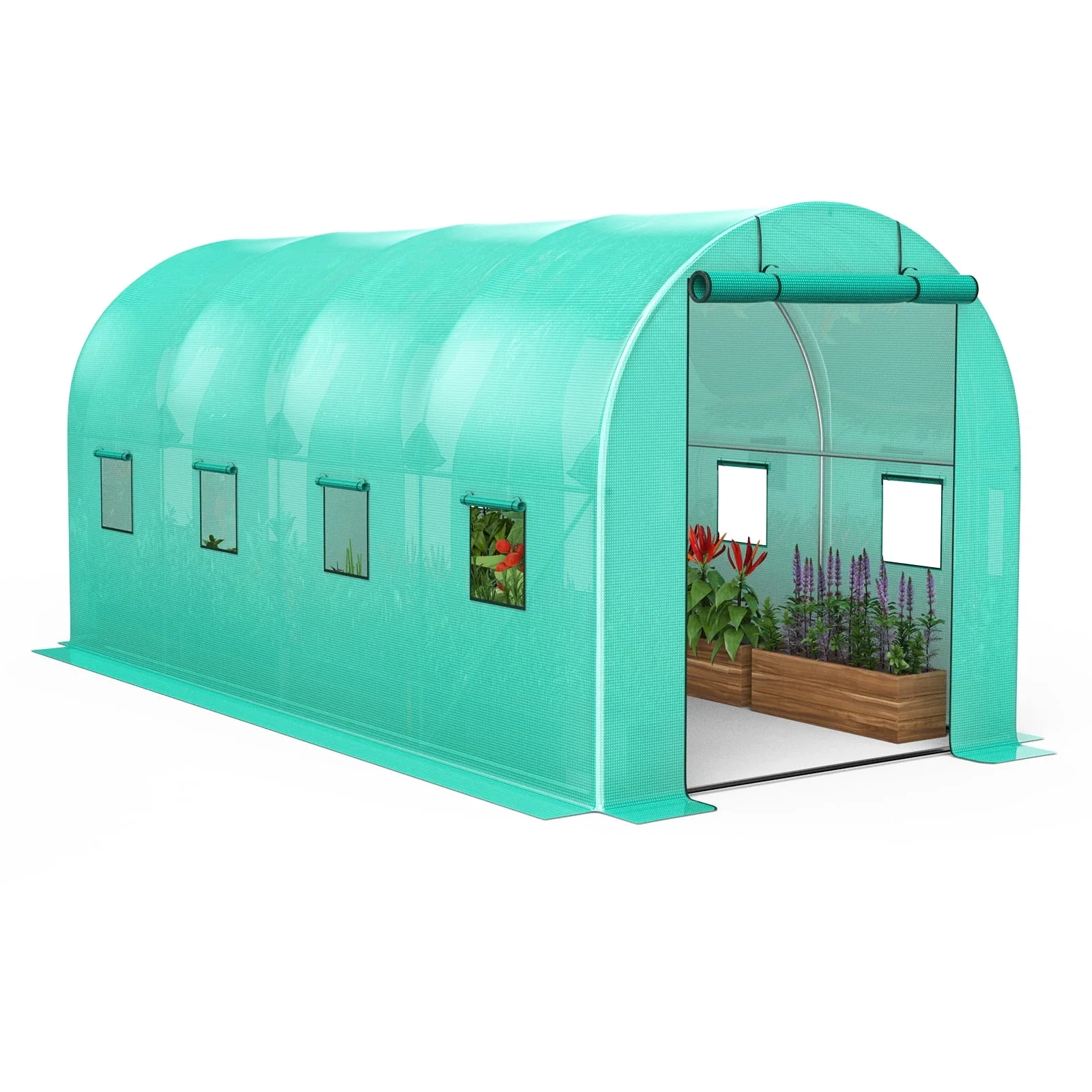 15x7x7 Ft Walk-In Tunnel Greenhouse, Galvanized Steel Frame, Green PE Cover, Zipper Door and 8 Mesh Windows
