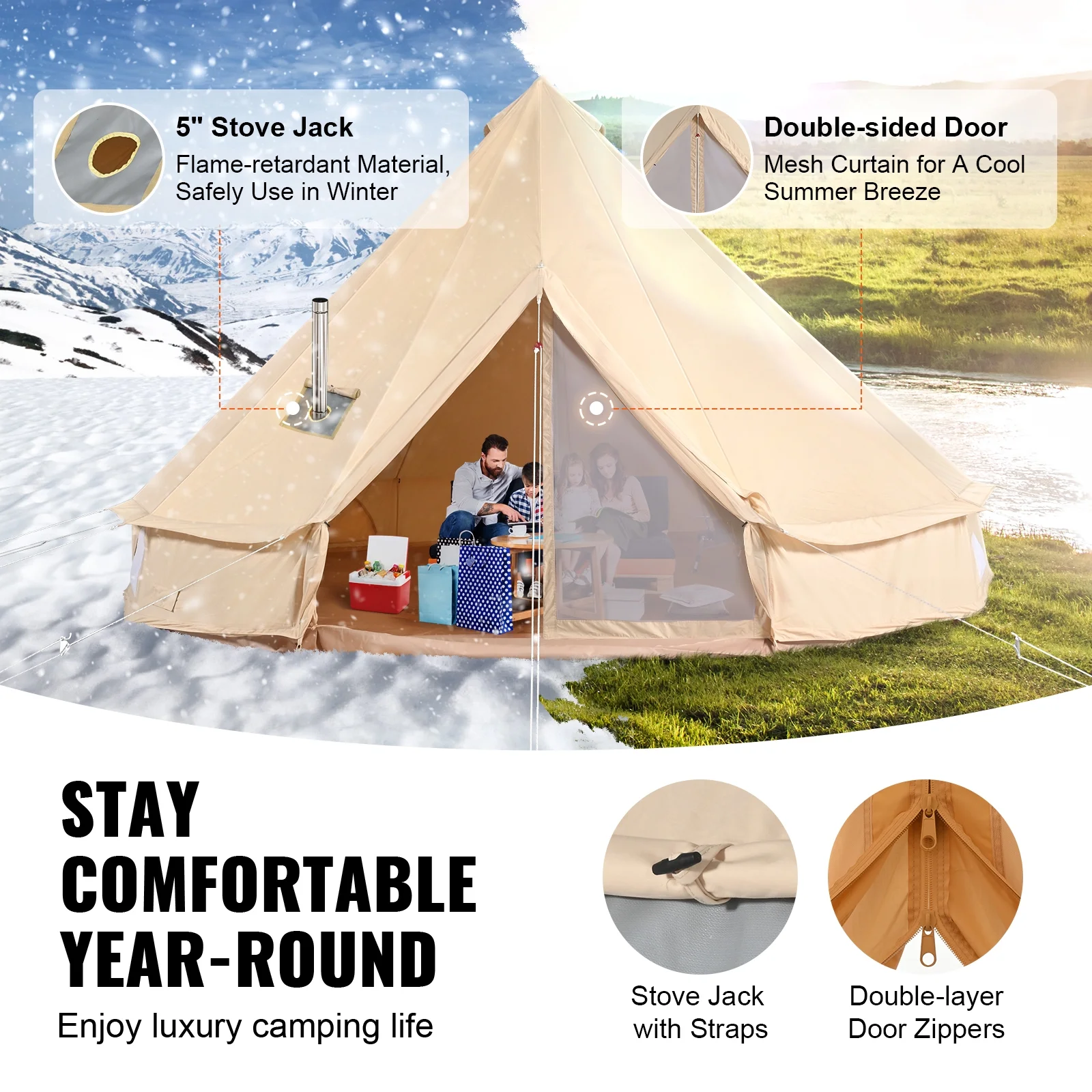 Canvas Bell Tent 6m/19 68ft 4 Season Camping Yurt Tent with Stove Jack Image 3