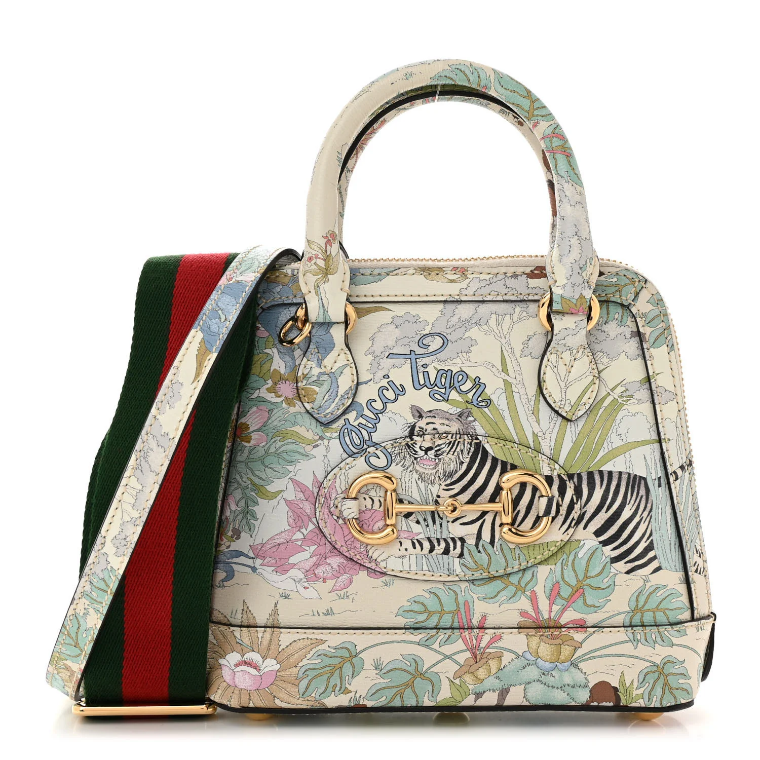 New Shangai Calfskin Tiger Savanah Web Mini Horsebit 1955 Top Handle Bag Chalky White Multicolor