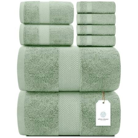 White Classic Luxury Green Bath Towel Set - Hotel Soft Cotton 2/Bath 2/Hand 4/Wash - 8 Piece, Size: 27x54, 16x30, 13x13