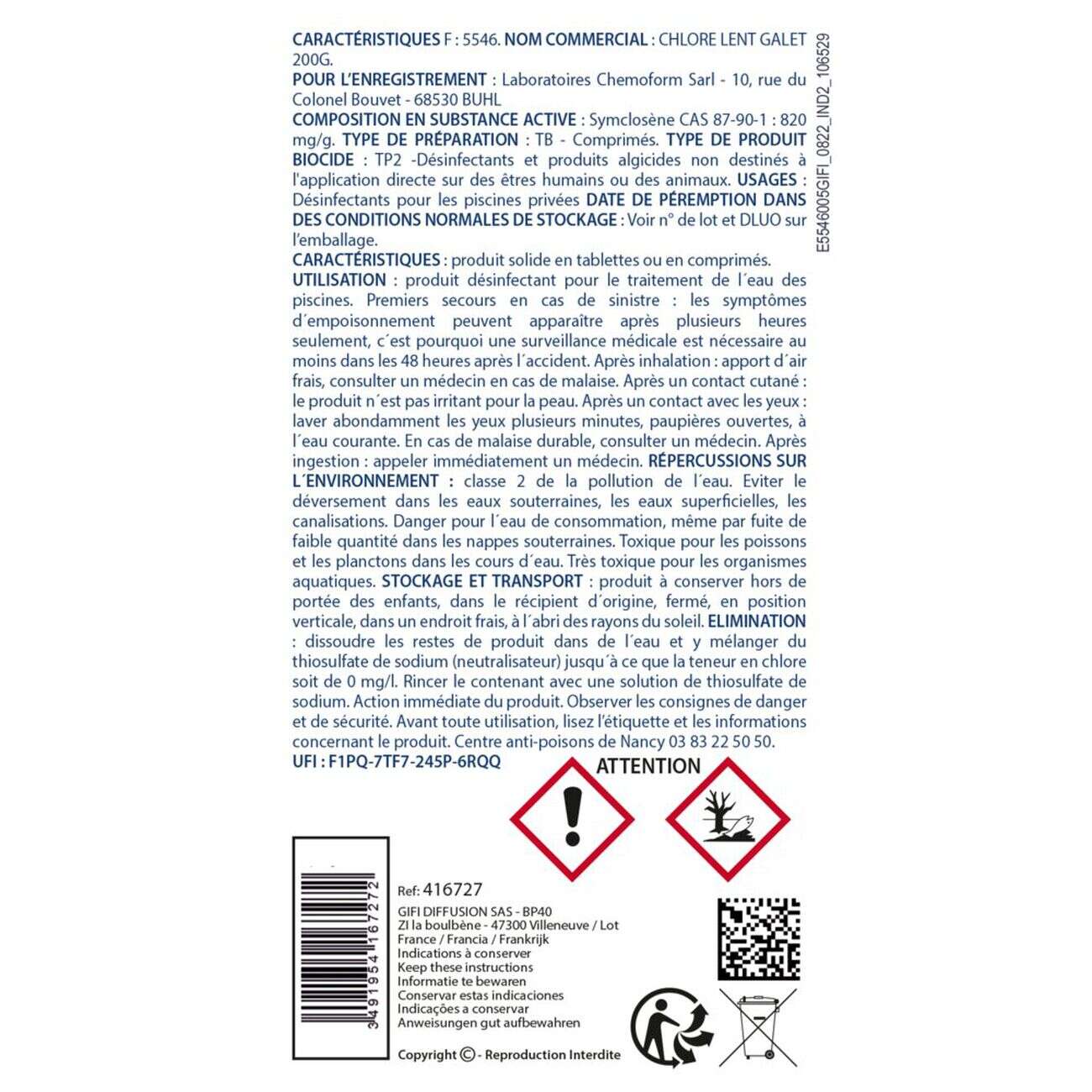 Chlore lent piscine galets 200g Aquaway 5kg