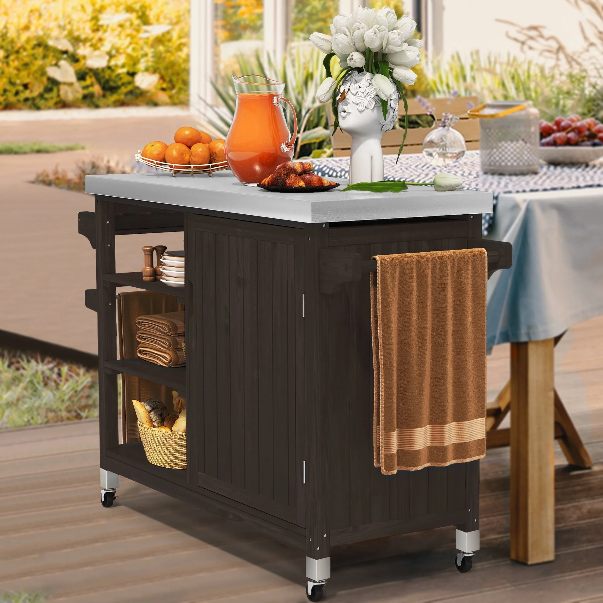Dextrus Grill Carts Outdoor with Storage Cabinet and Wheels, Solid Wood Movable Dining Cart Table, with Stainless Steel Top, Spice Rack, and Side Handle, Kitchen Island with Storage or Bar Cart, Brown