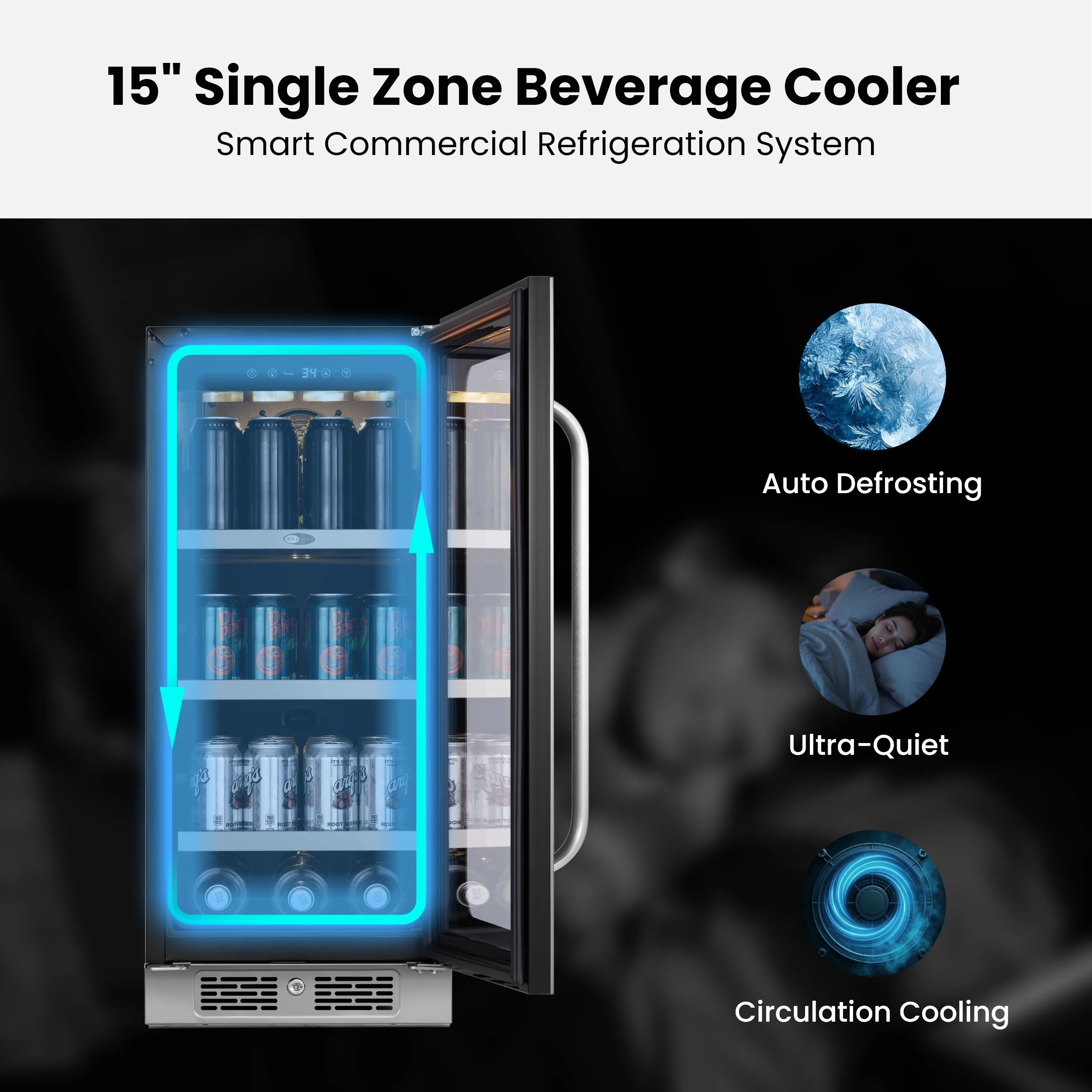 15 Inch Beverage Refrigerator Cooler 80 Can Mini Fridge with Glass Door for Soda Beer, 3 LED Compressor Fridge for Home Office Bar(3.0 cu.ft) - Image 3