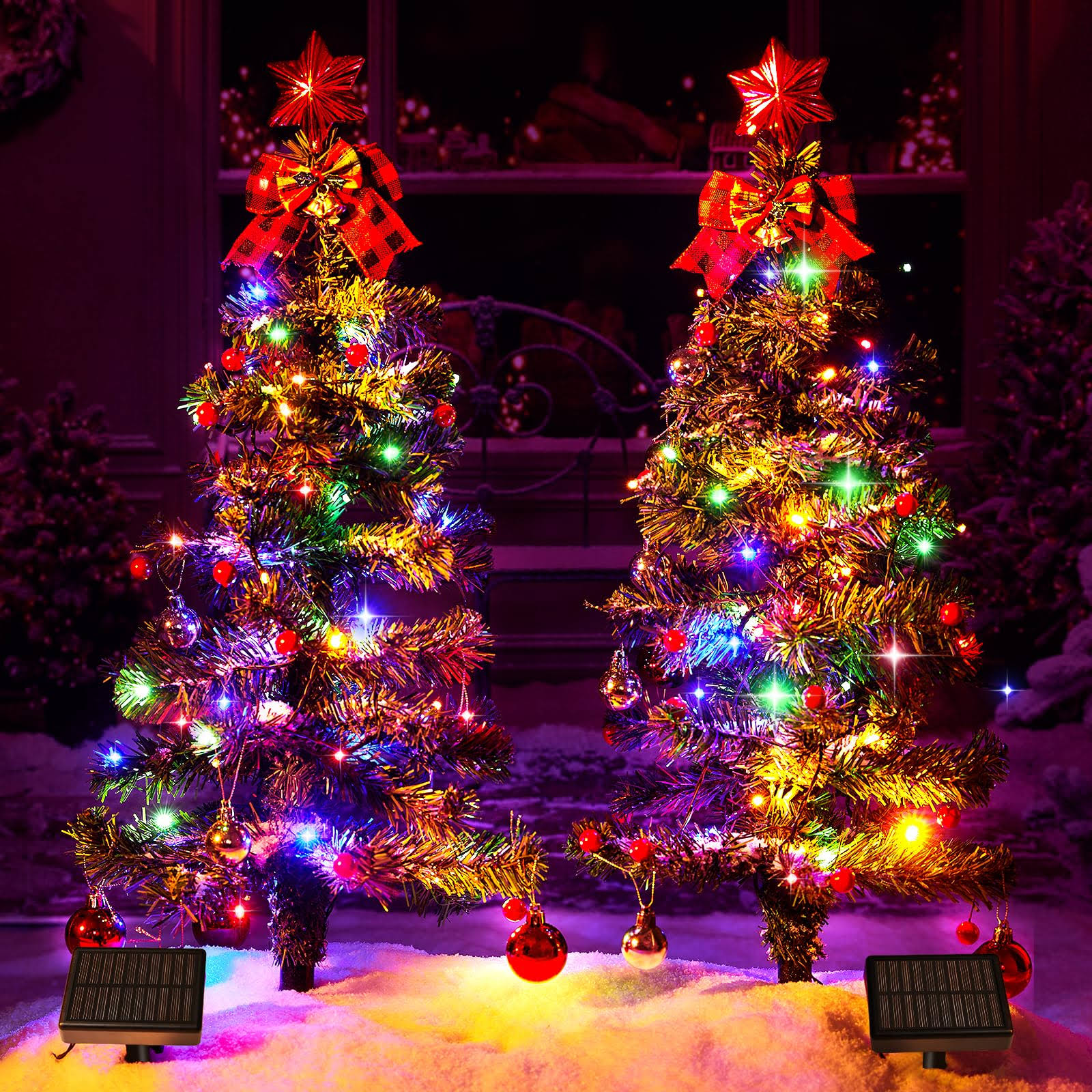 COXSENI 68led Solar Christmas Tree Lights Outdoor Waterproof, 8 Modes Solar Xmas Trees Lights with Xmas Ball & Red Berry, Solar Powered Christmas