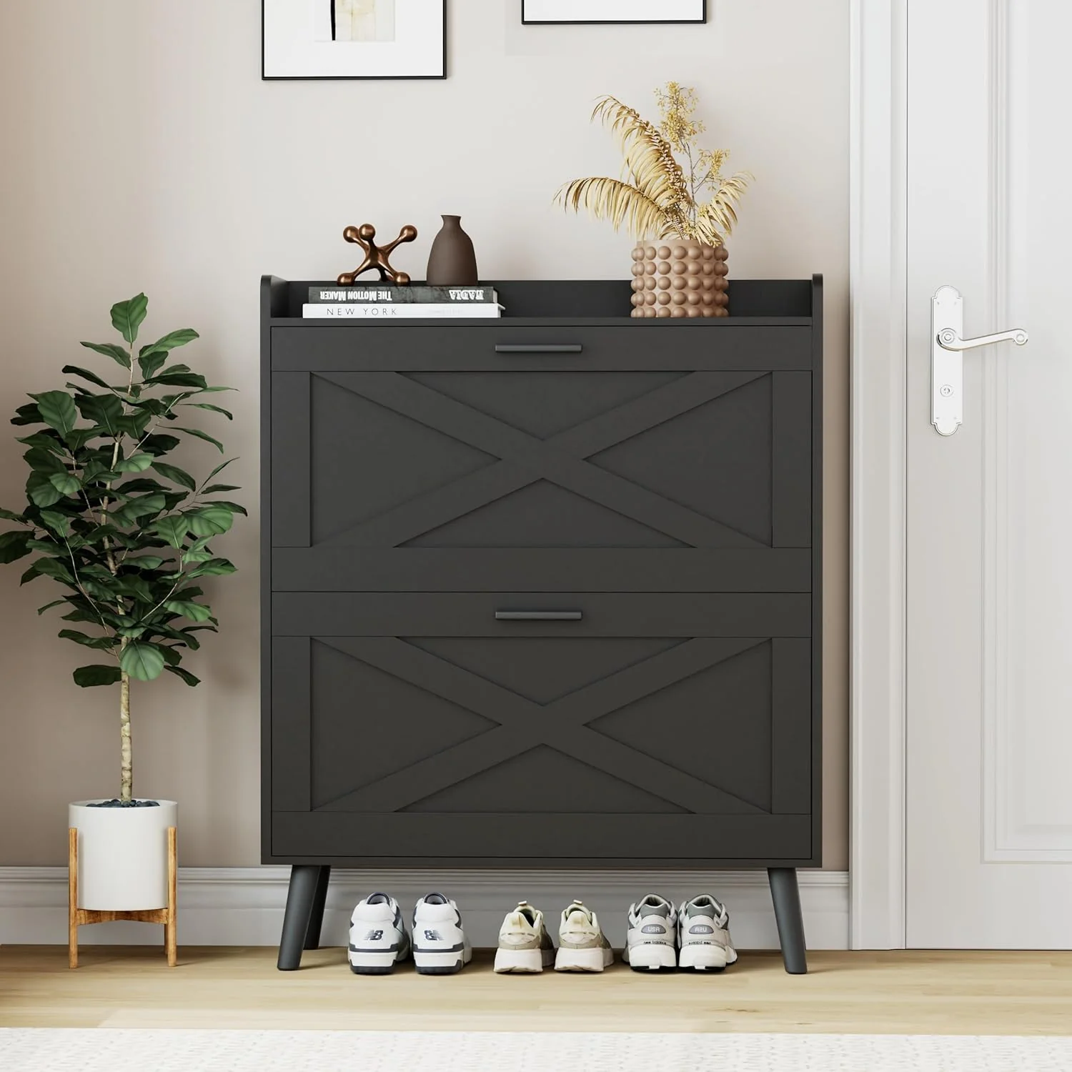 Meuble de rangement à chaussures de style ferme, 81 cm de large, moderne, étroit et dissimulé