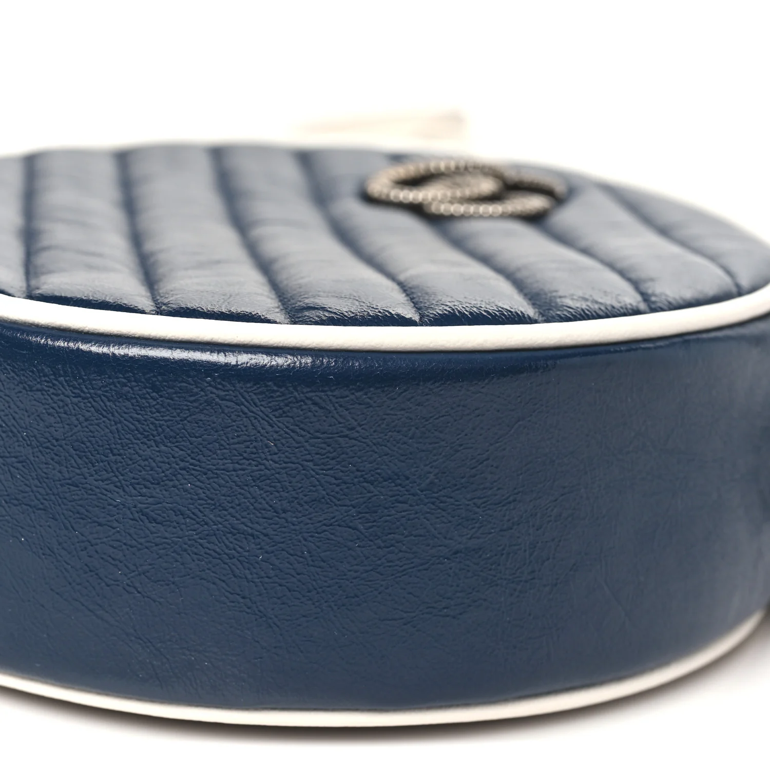 Azalea Calfskin Matelasse Diagonal Mini Torchon GG Marmont Round Shoulder Bag Blue Agata Mystic White